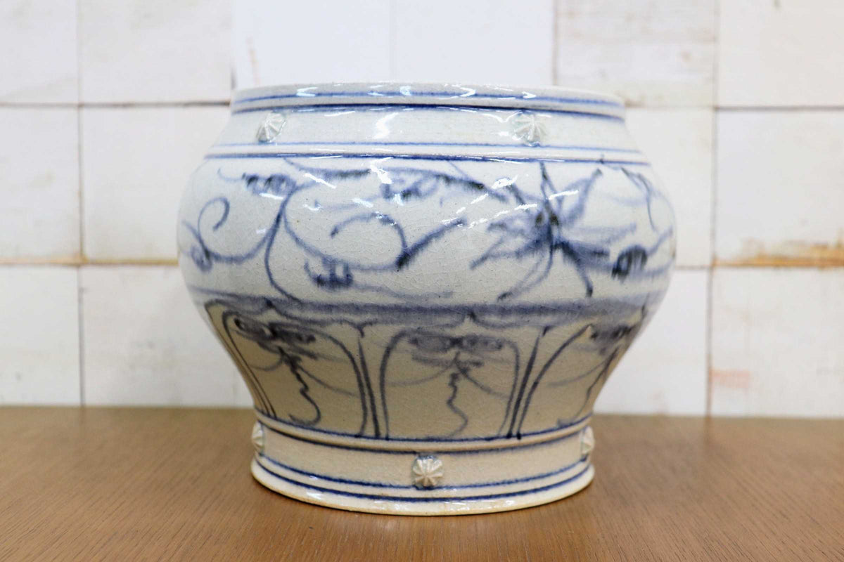 GMJK257G◯萬古焼 太仙窯 山本太仙 安南 水指 茶道具 茶器 安南写 唐草文 染付 古美術 伝統工芸
