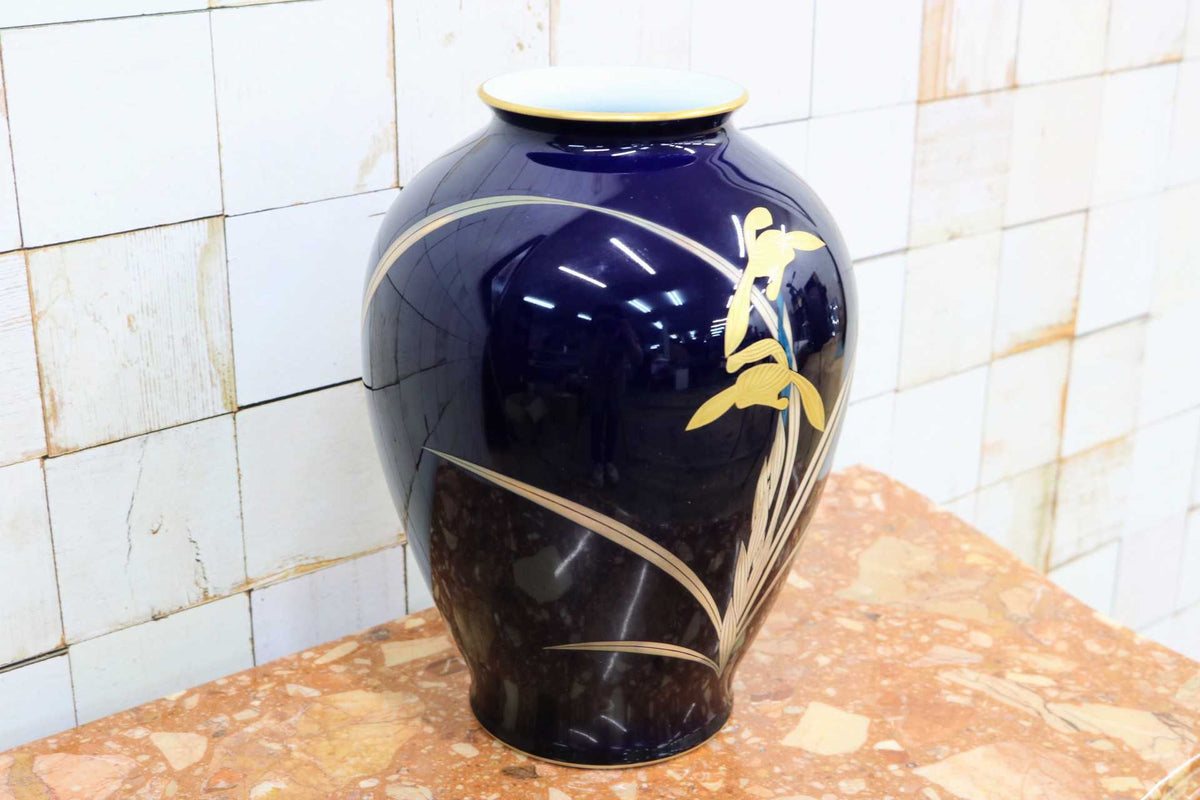 GMJS271A◯香蘭社 瑠璃金彩蘭文 花瓶 壺 フラワーベース 花器 華道具 共箱 伝統工芸