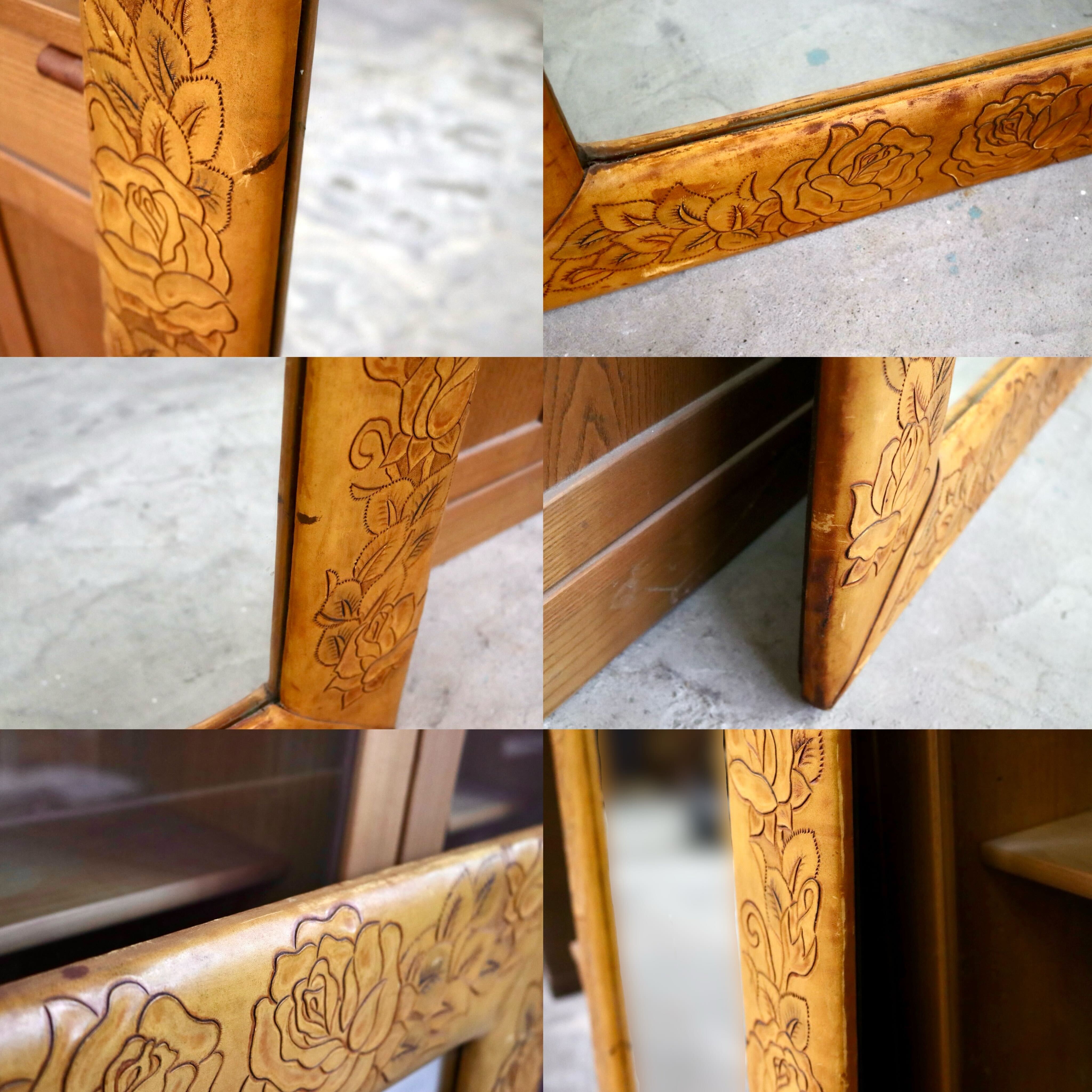 GMIK658○ウォールミラー 壁掛け鏡 姿見 全身鏡 革 レザー カービング 花柄 フローラル レトロ ヴィンテージ