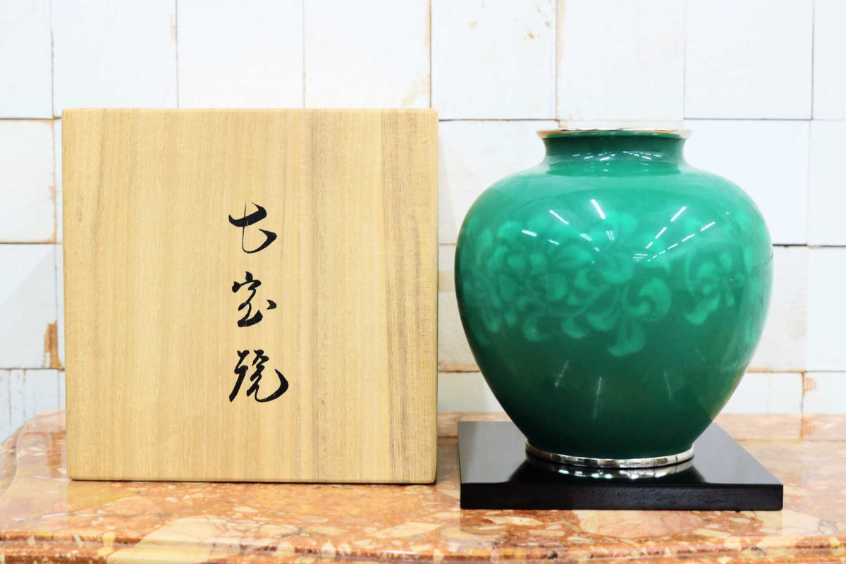 GMJS271H◯七宝焼 花瓶 花器 翡翠緑 花台付き 植物文様 共箱 華道具 置物 インテリア レトロ アンティーク 伝統工芸