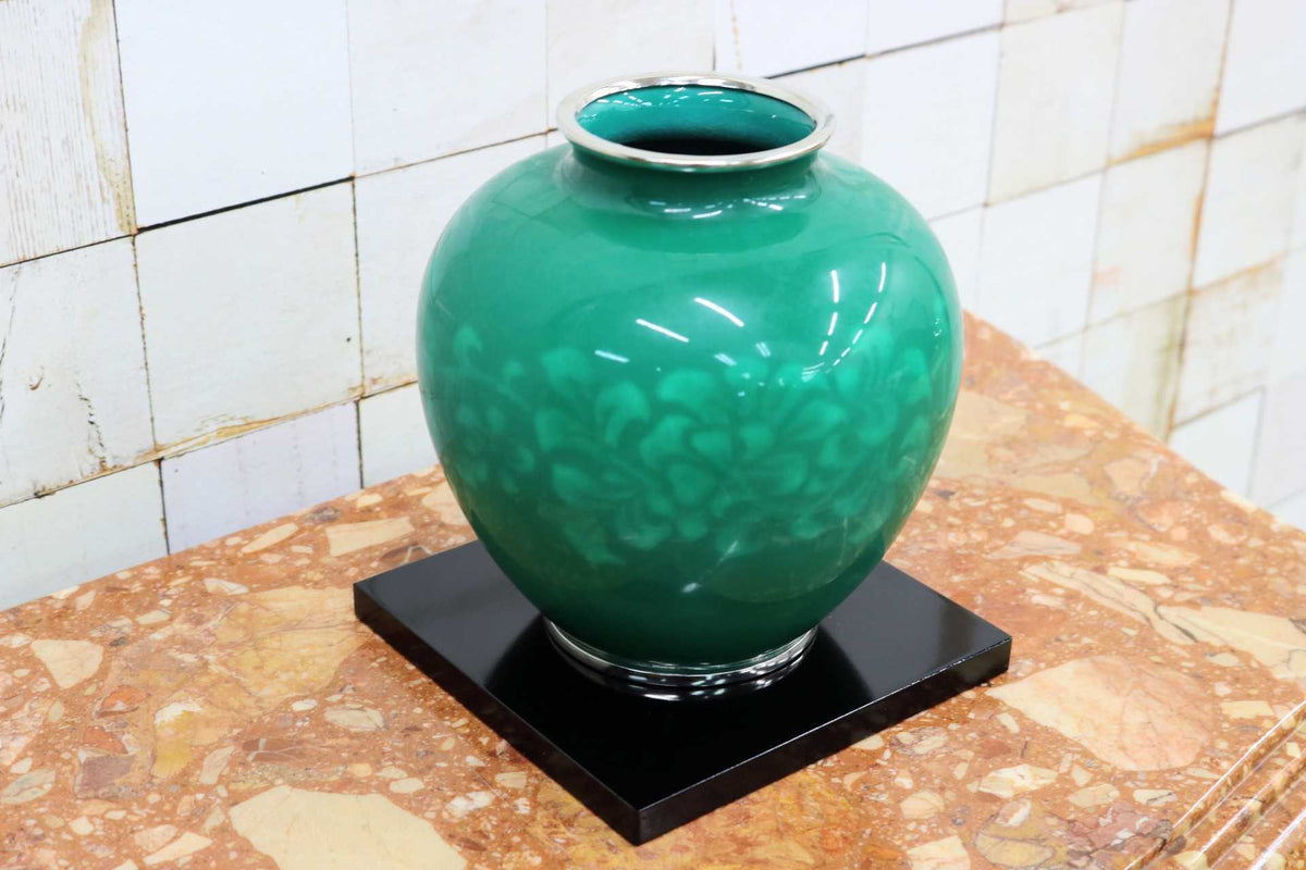 GMJS271H◯七宝焼 花瓶 花器 翡翠緑 花台付き 植物文様 共箱 華道具 置物 インテリア レトロ アンティーク 伝統工芸