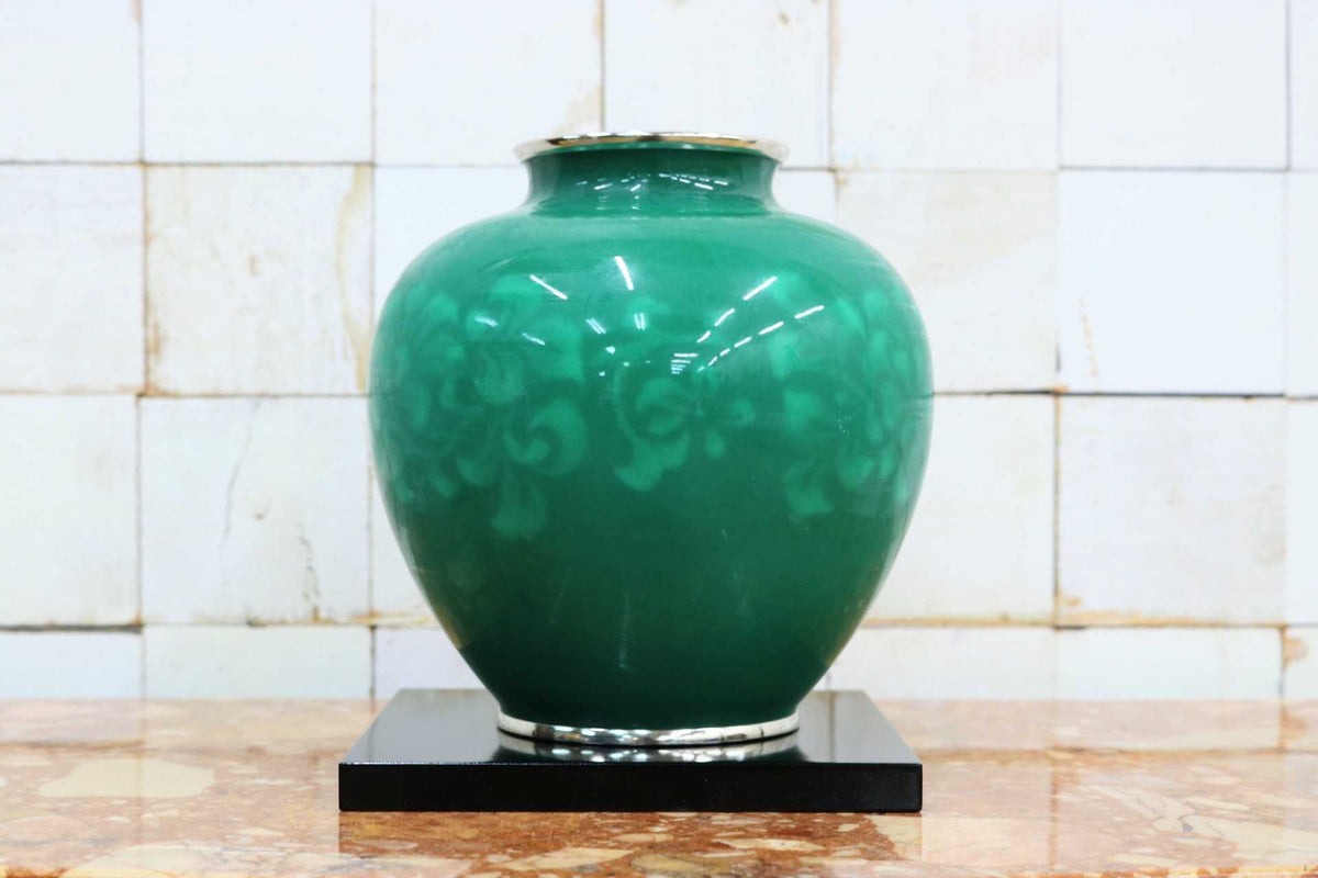 GMJS271H◯七宝焼 花瓶 花器 翡翠緑 花台付き 植物文様 共箱 華道具 置物 インテリア レトロ アンティーク 伝統工芸