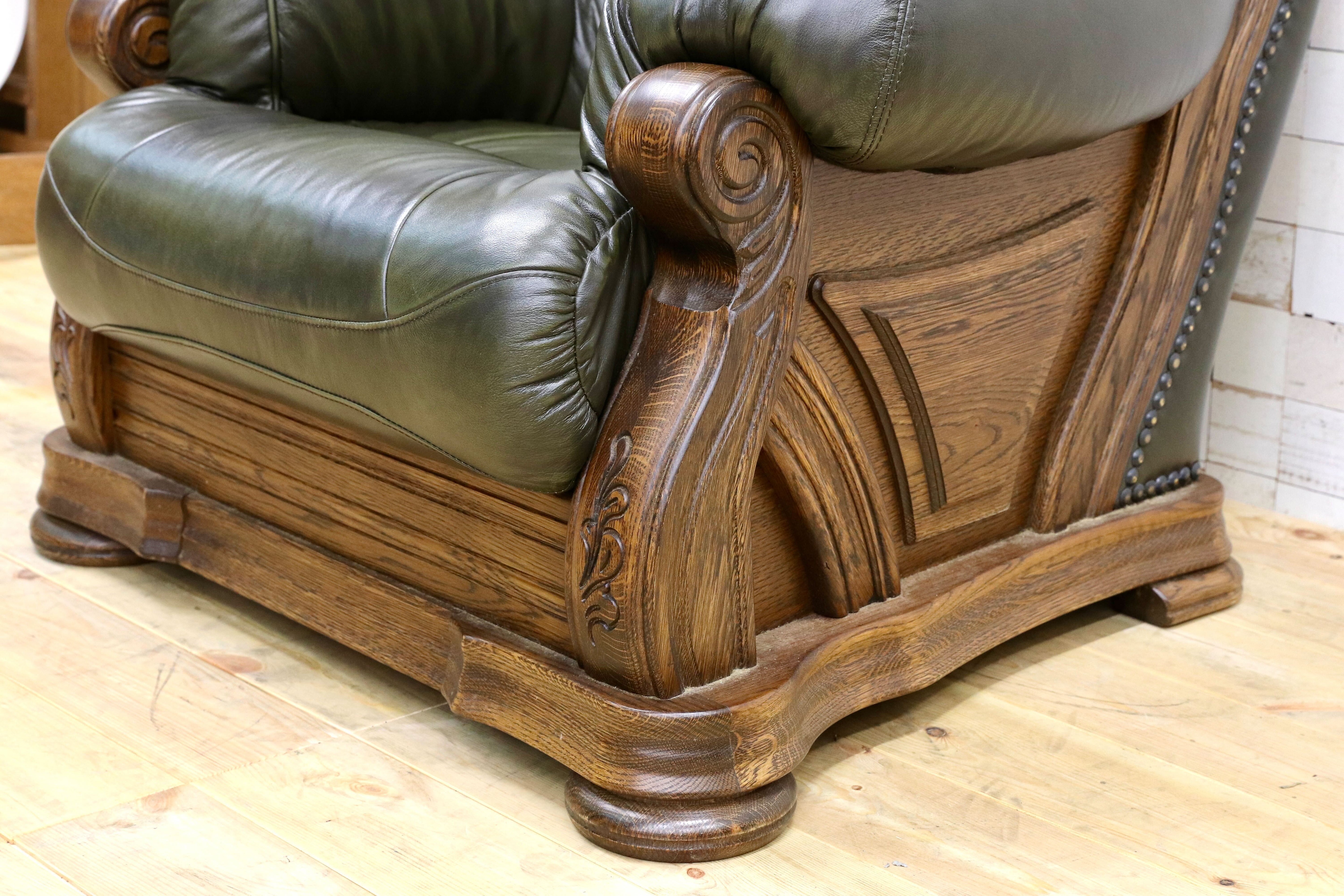 GMHO99A○オランダ製 ダッチカントリー 1人掛けソファ シングルソファ オーク材 本革 緑 椅子 クラシック ヴィンテージ 約30万