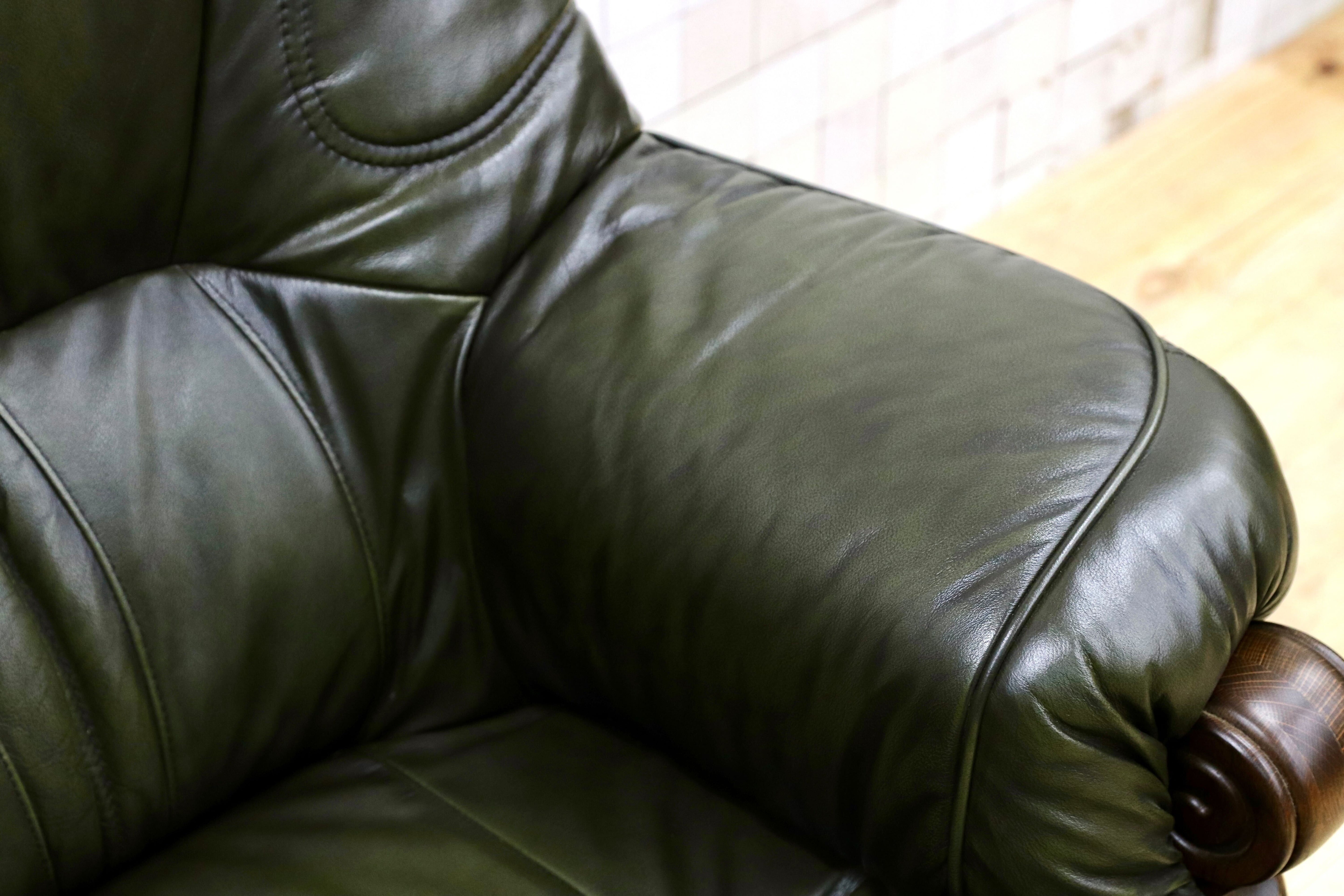 GMHO99A○オランダ製 ダッチカントリー 1人掛けソファ シングルソファ オーク材 本革 緑 椅子 クラシック ヴィンテージ 約30万