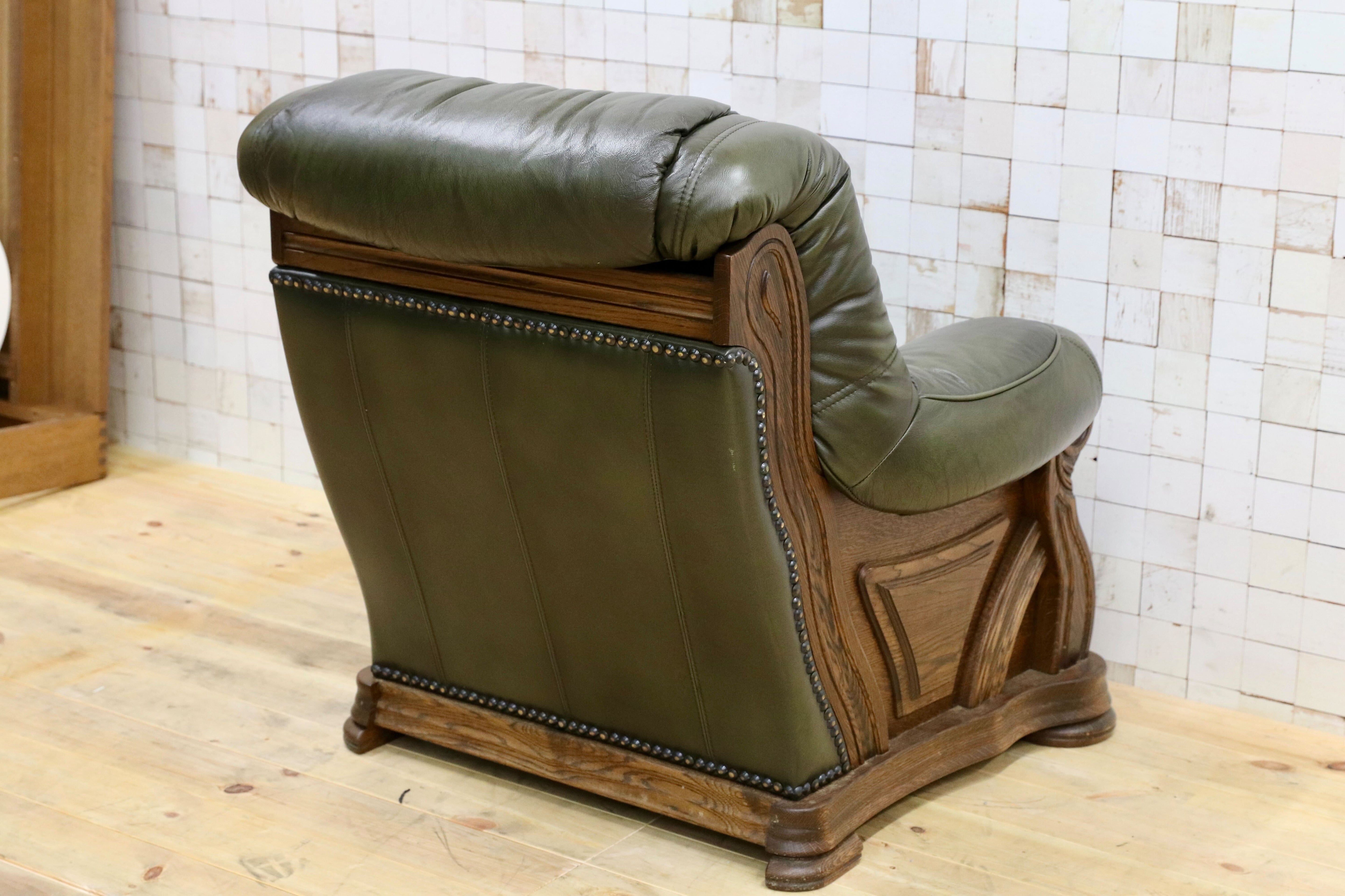 GMHO99A○オランダ製 ダッチカントリー 1人掛けソファ シングルソファ オーク材 本革 緑 椅子 クラシック ヴィンテージ 約30万