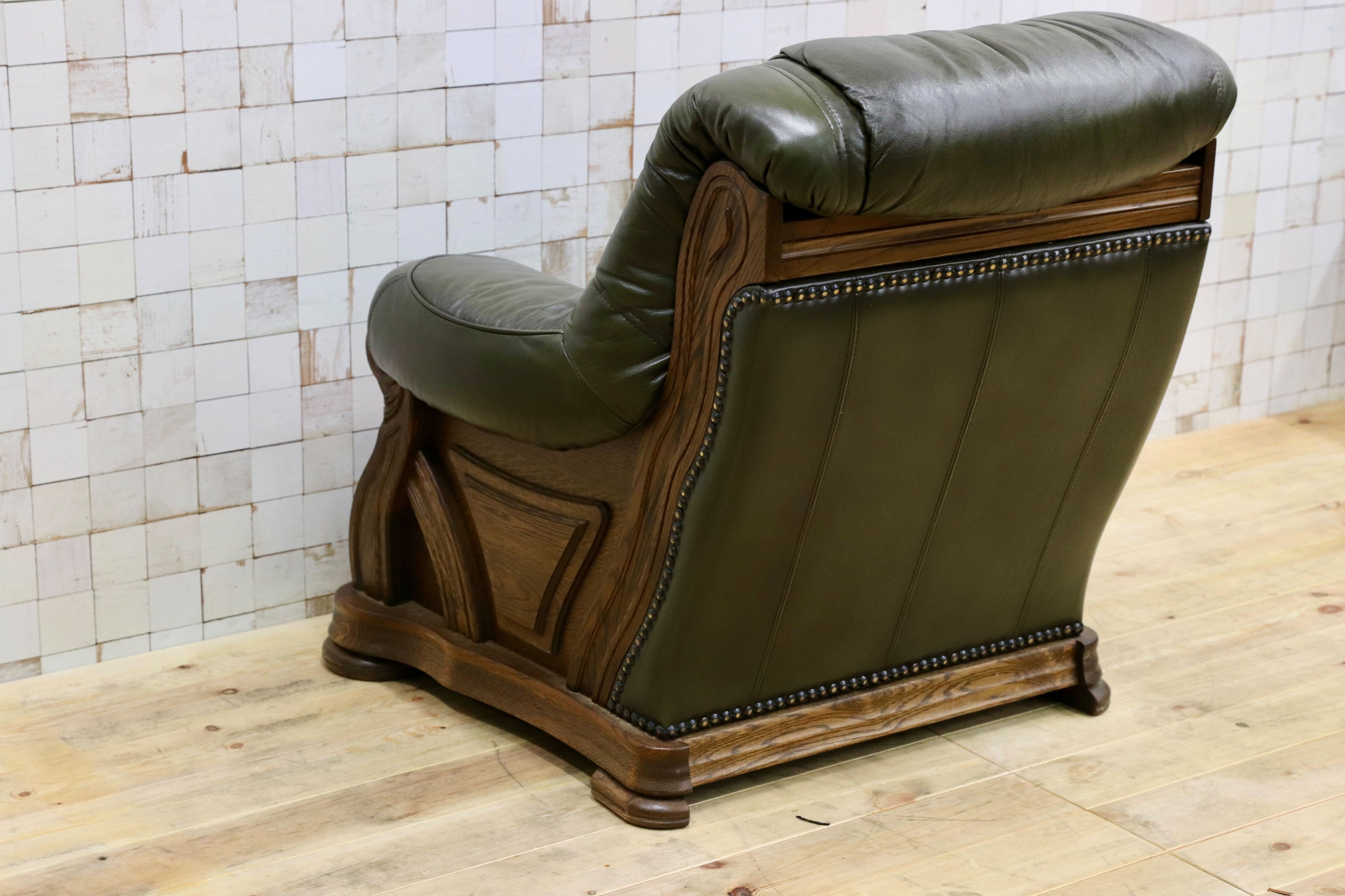 GMHO99A○オランダ製 ダッチカントリー 1人掛けソファ シングルソファ オーク材 本革 緑 椅子 クラシック ヴィンテージ 約30万