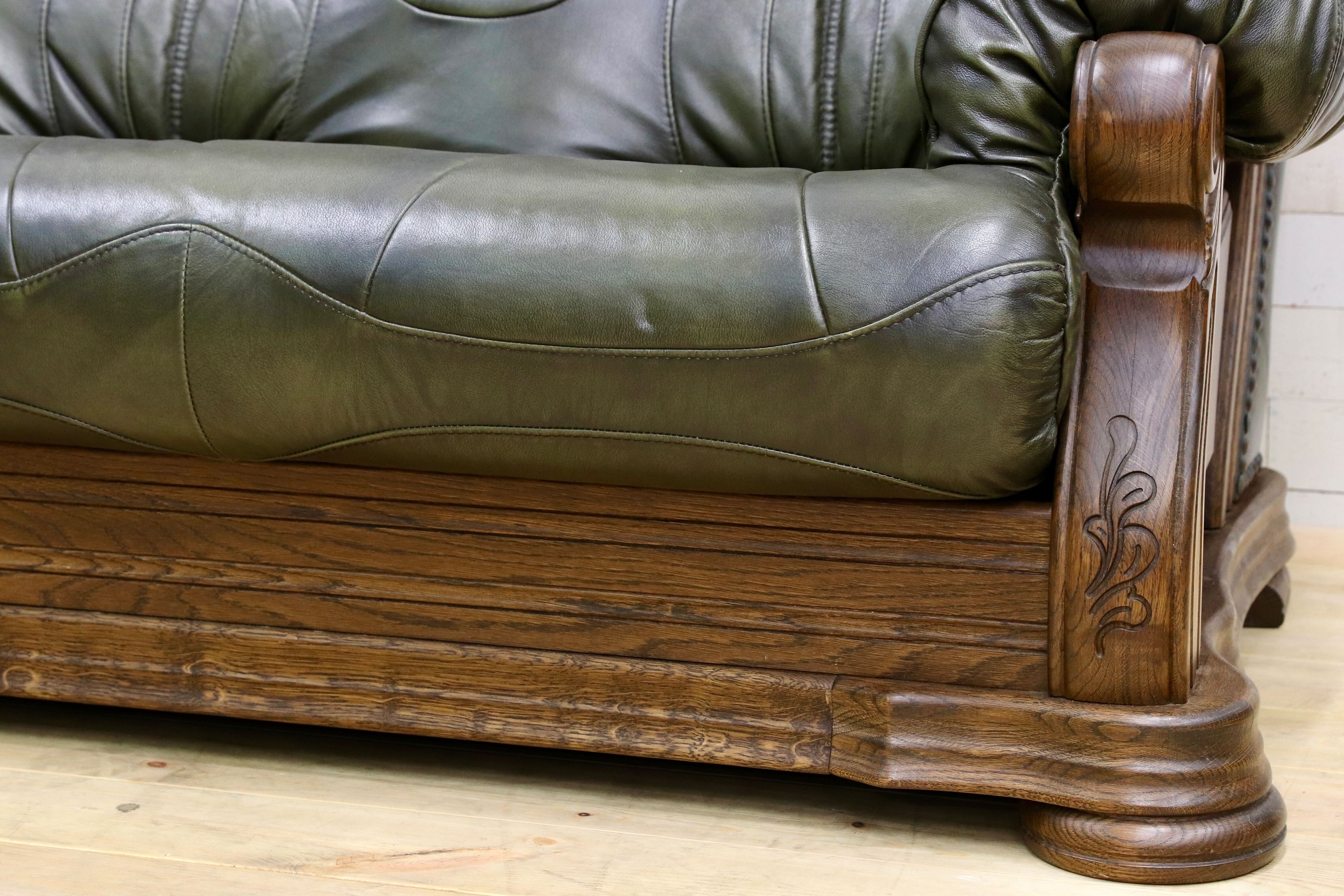 GMHO99B○オランダ製 ダッチカントリー 3人掛けソファ トリプルソファ オーク材 本革 緑 椅子 クラシック ヴィンテージ 約60万