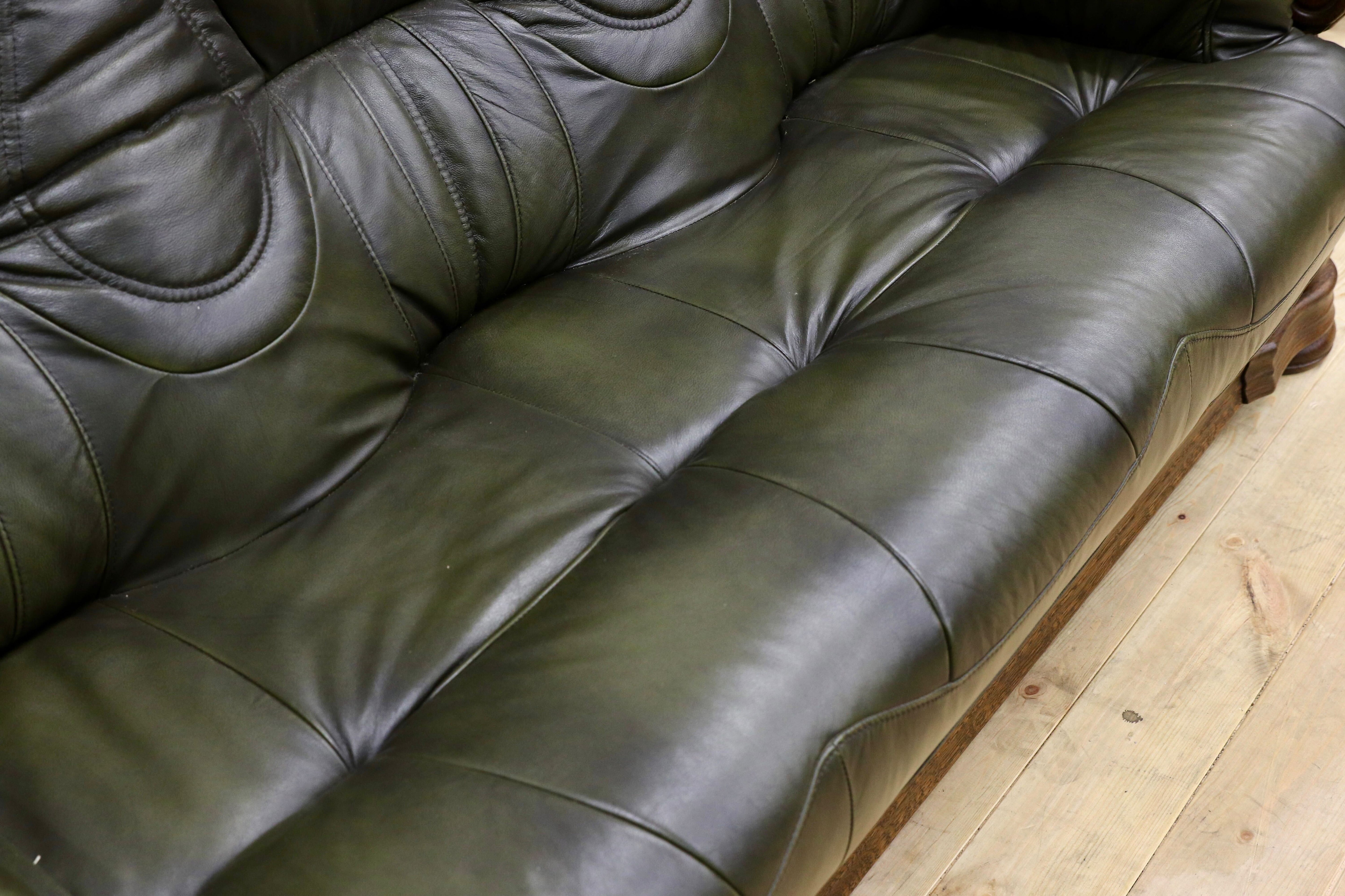 GMHO99B○オランダ製 ダッチカントリー 3人掛けソファ トリプルソファ オーク材 本革 緑 椅子 クラシック ヴィンテージ 約60万