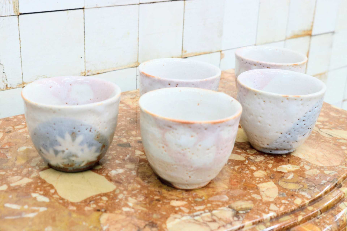 GMJS271J◯仙山窯 美濃焼 茜志野汲出碗 安藤日出武 湯呑 茶器 茶道具 煎茶道具 5客セット 共箱 和食器 レトロ 伝統工芸