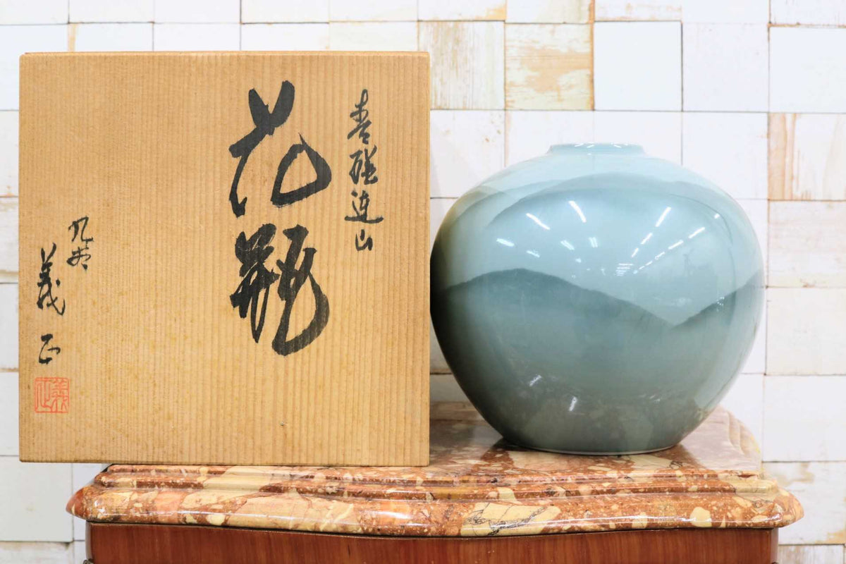 GMJS271H◯七宝焼 花瓶 花器 翡翠緑 花台付き 植物文様 共箱 華道具 置物 インテリア レトロ アンティーク 伝統工芸