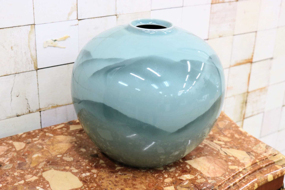 GMJS271H◯七宝焼 花瓶 花器 翡翠緑 花台付き 植物文様 共箱 華道具 置物 インテリア レトロ アンティーク 伝統工芸