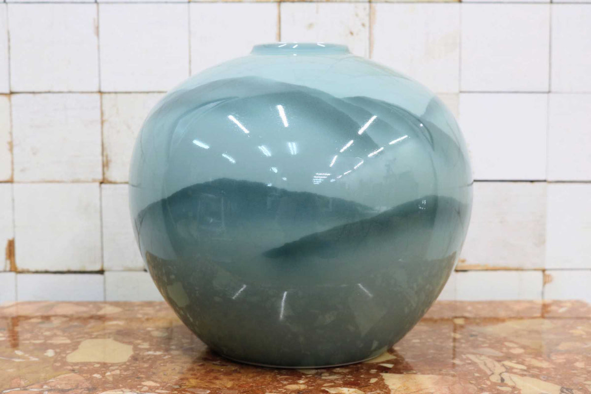 GMJS271H◯七宝焼 花瓶 花器 翡翠緑 花台付き 植物文様 共箱 華道具 置物 インテリア レトロ アンティーク 伝統工芸