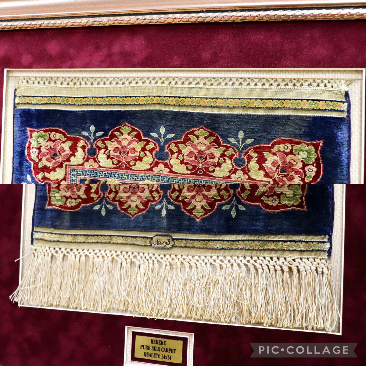 GMJH413◯HEREKE PURE SILK CARPET QUALITY 14x14 ヘレケ絨毯 高密度高級絨毯 額装 タペストリー 壁掛け インテリア 美術品 稀少