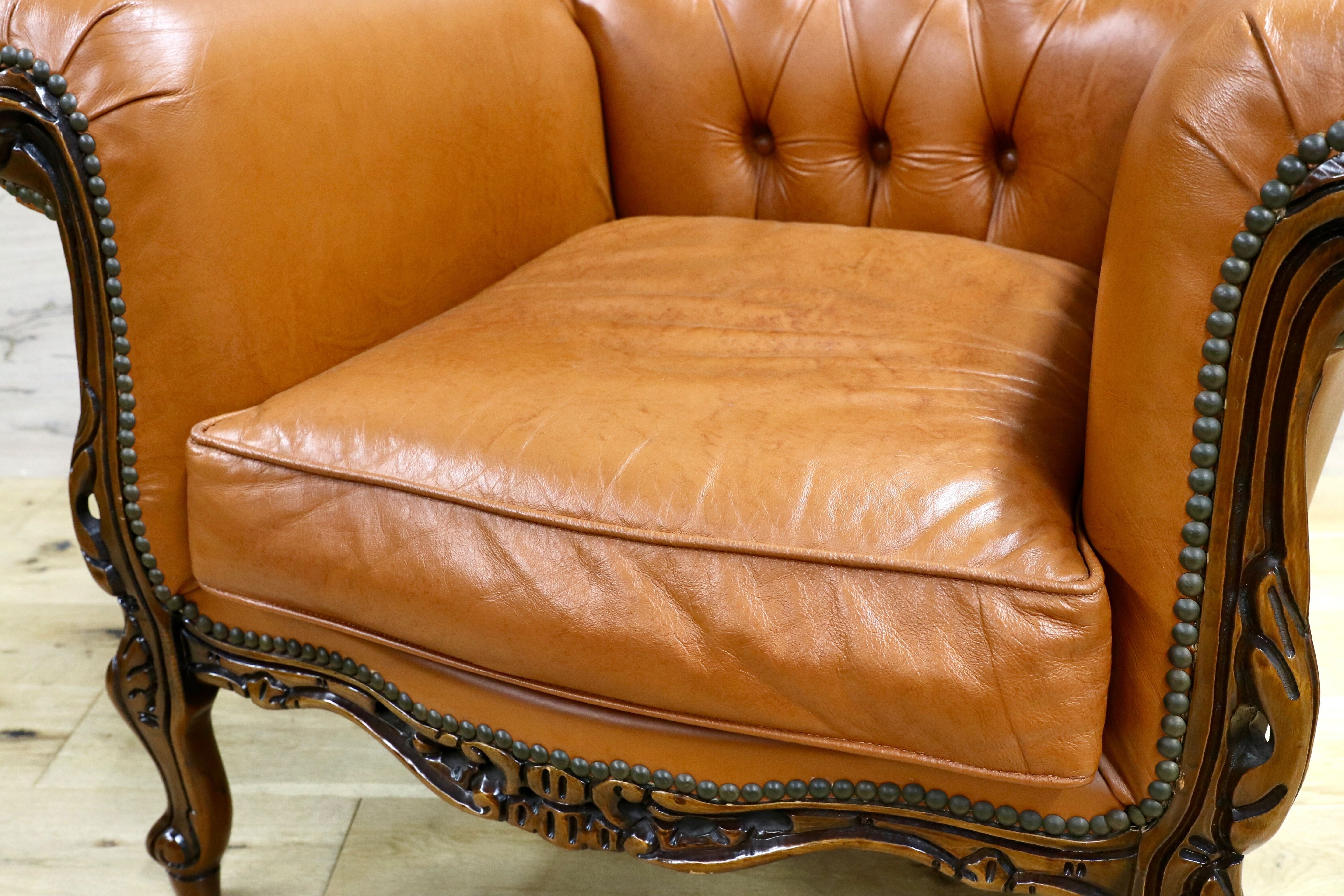 GMHH190A○イタリア製 クラシック エレガント 1人掛けソファ シングルソファ ラウンジチェア 本革 ブラウン サロン 西洋 アンティーク