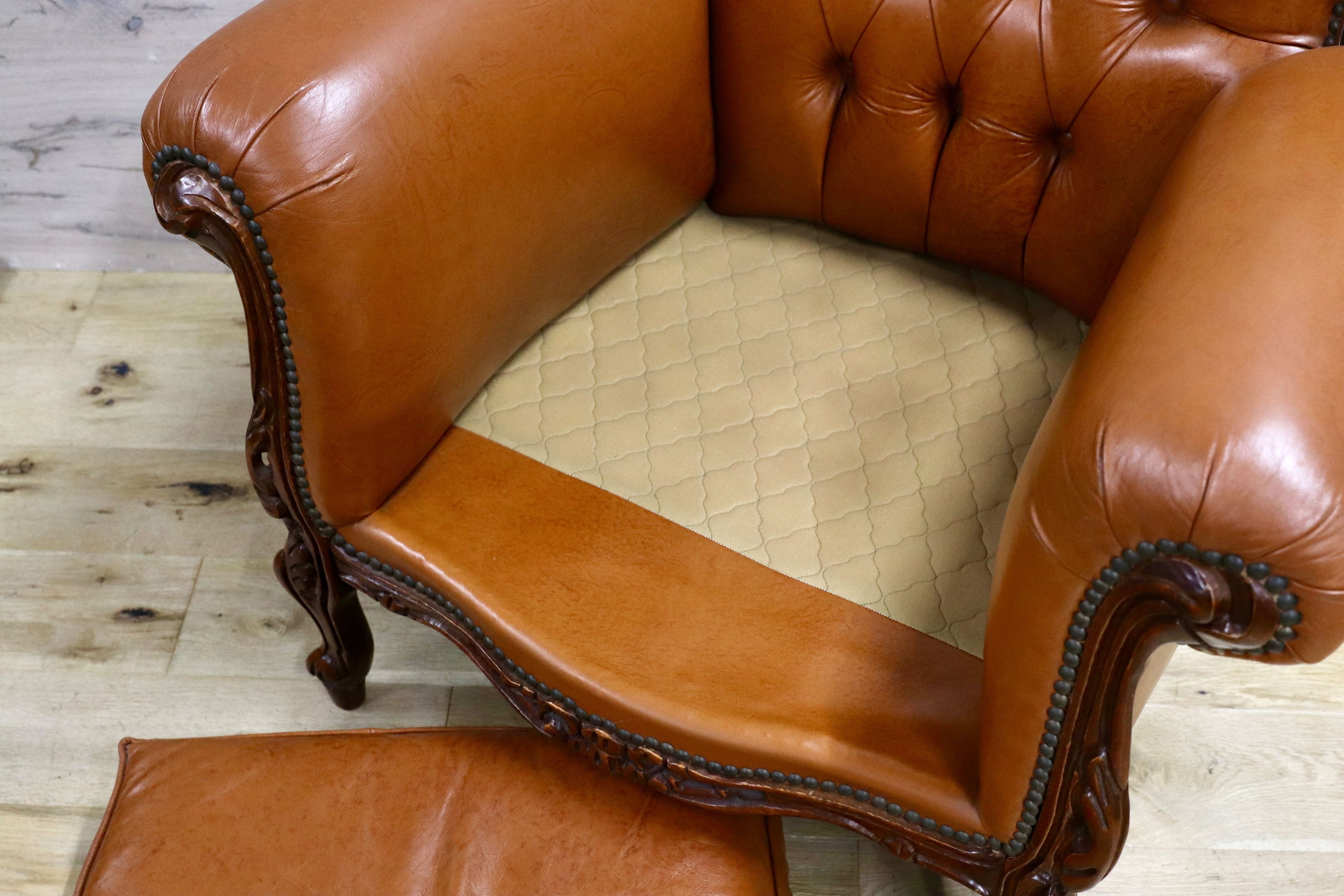 GMHH190B○イタリア製 クラシック エレガント 1人掛けソファ シングルソファ ラウンジチェア 本革 ブラウン サロン 西洋 アンティーク