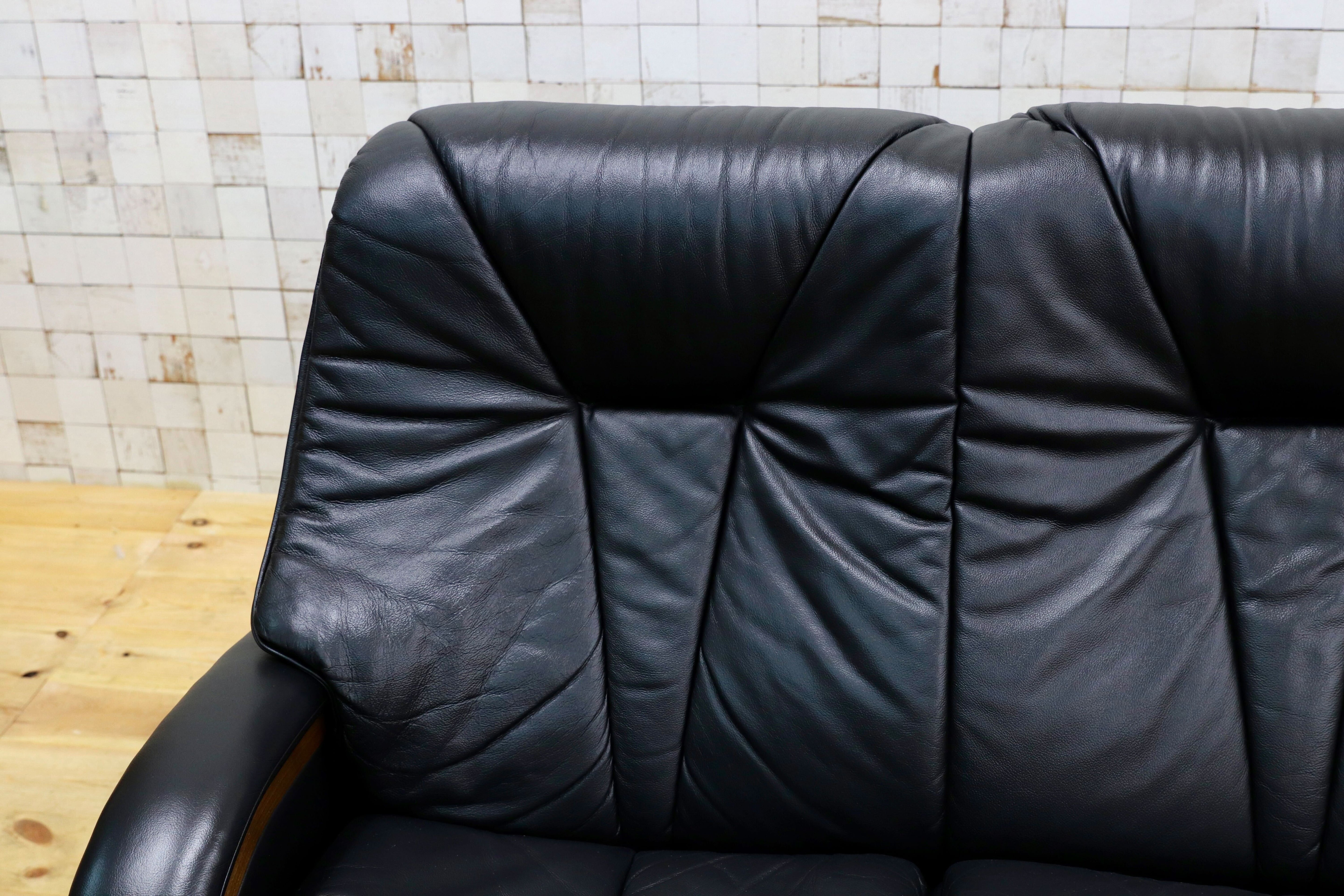 GMIK134○冨士ファニチア / FUJI FURNITURE 3人掛けソファ トリプルソファ 本革 レザー 国産家具 和モダン レトロ 長椅子