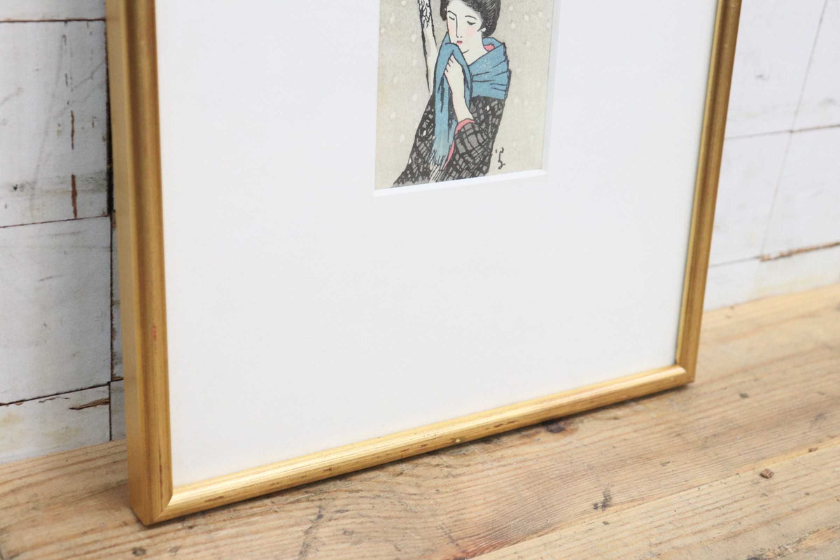 GMJS338A◯竹久夢二 木版画 雪の日 加藤版画研究所 加藤版 額装 大正ロマン 真作 美人画 美術品