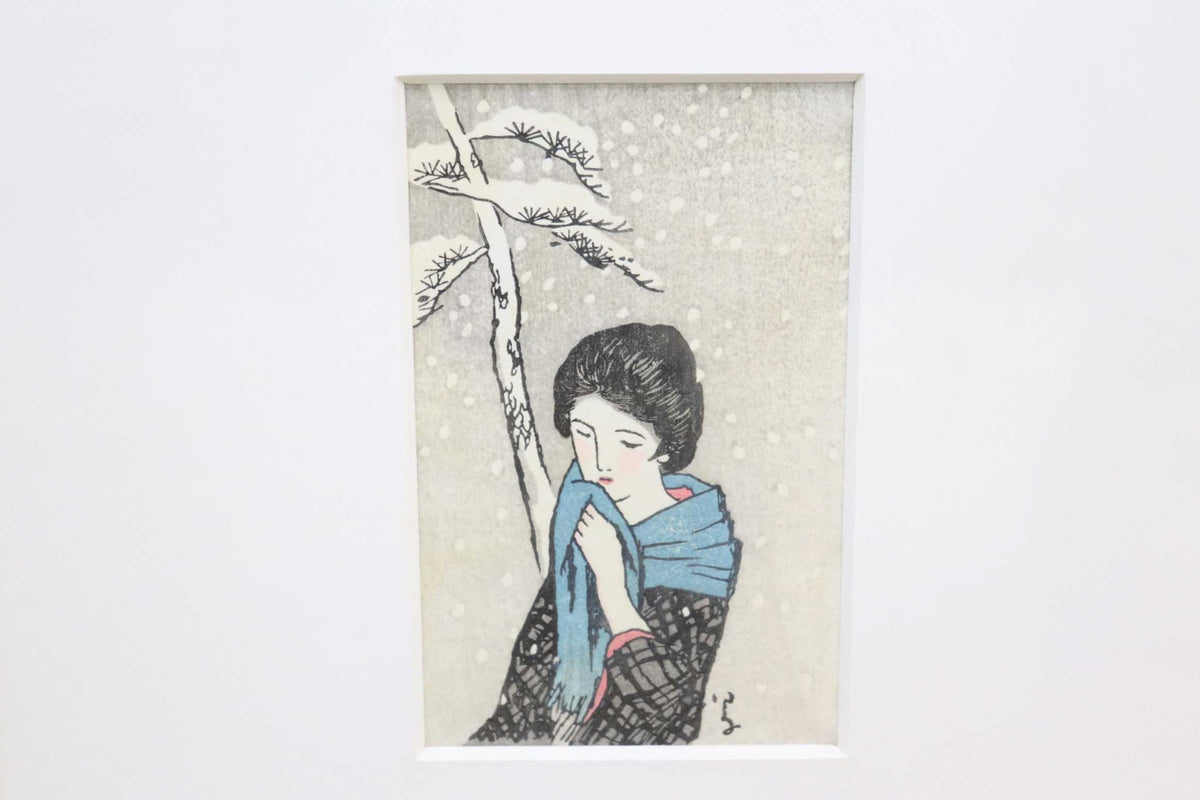 GMJS338A◯竹久夢二 木版画 雪の日 加藤版画研究所 加藤版 額装 大正ロマン 真作 美人画 美術品