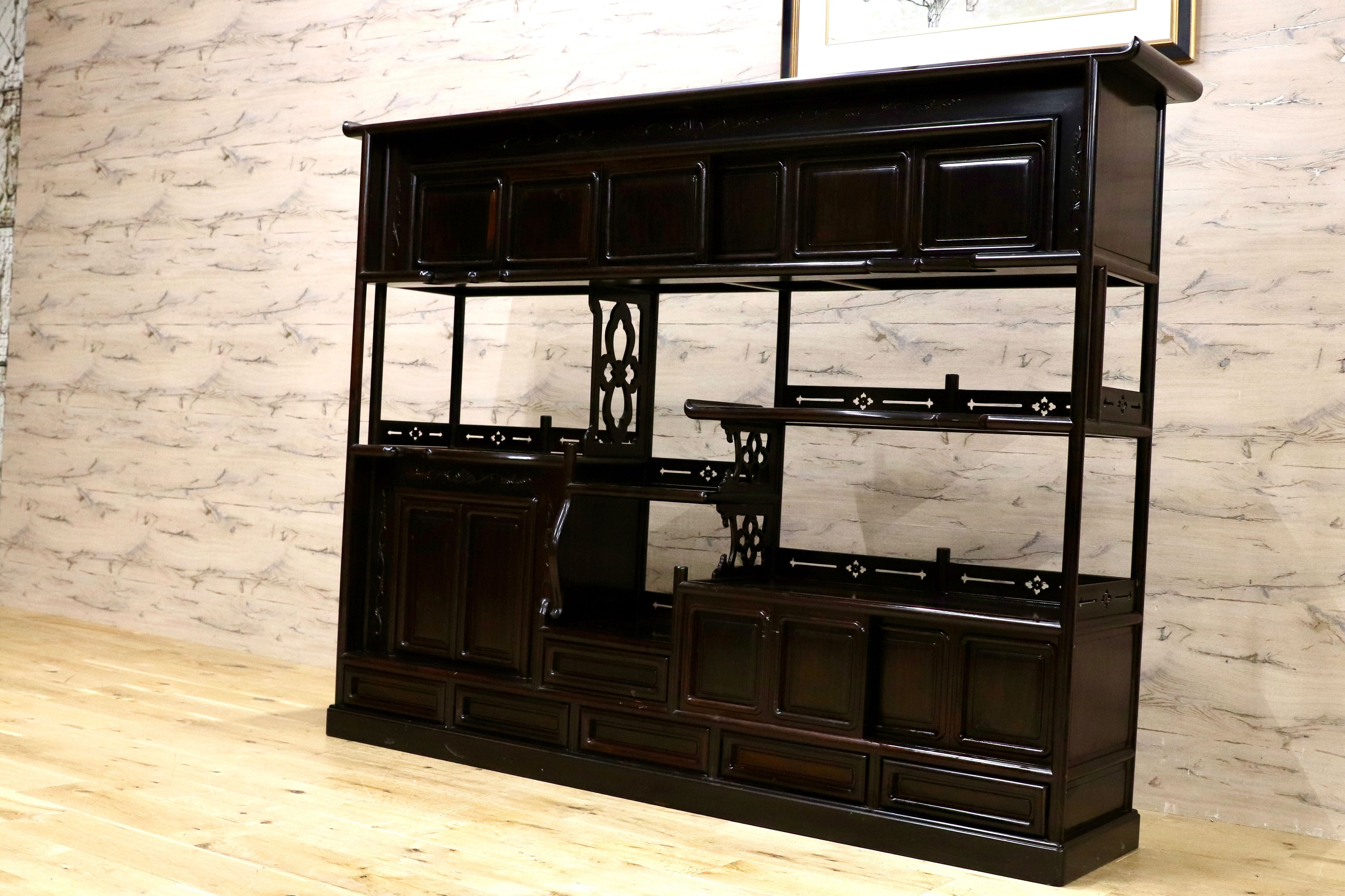 GMIK865○黒檀 最高級 茶棚 サイドボード リビングボード キャビネット 和室 和家具 座敷 和モダン レトロ アンティーク 約130万