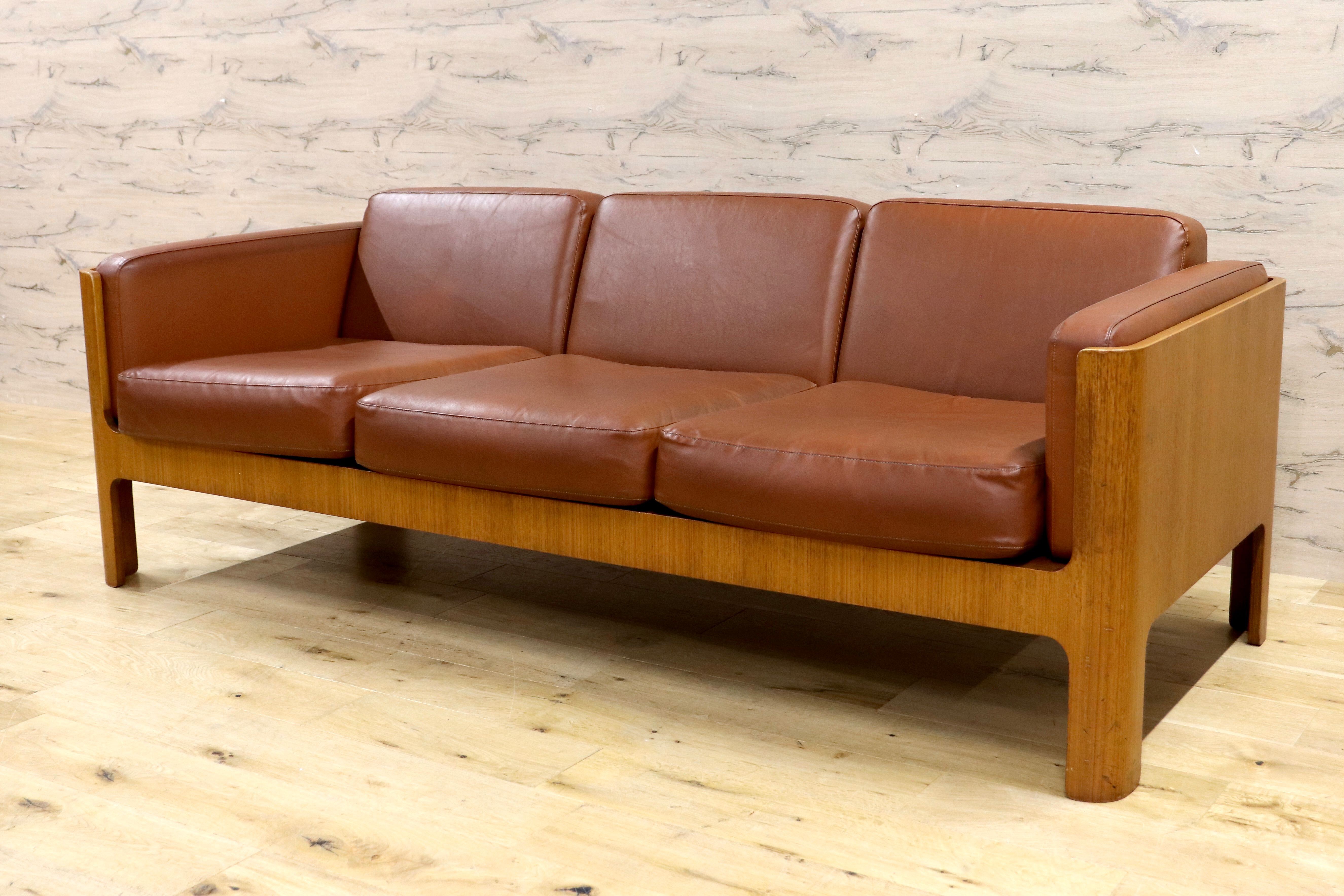 GMIK654D○天童木工 / Tendo HACO ハコ チーク材 ジャパニーズモダン ヴィンテージ 3人掛けソファ 3シーター 合皮 剣持勇 稀少