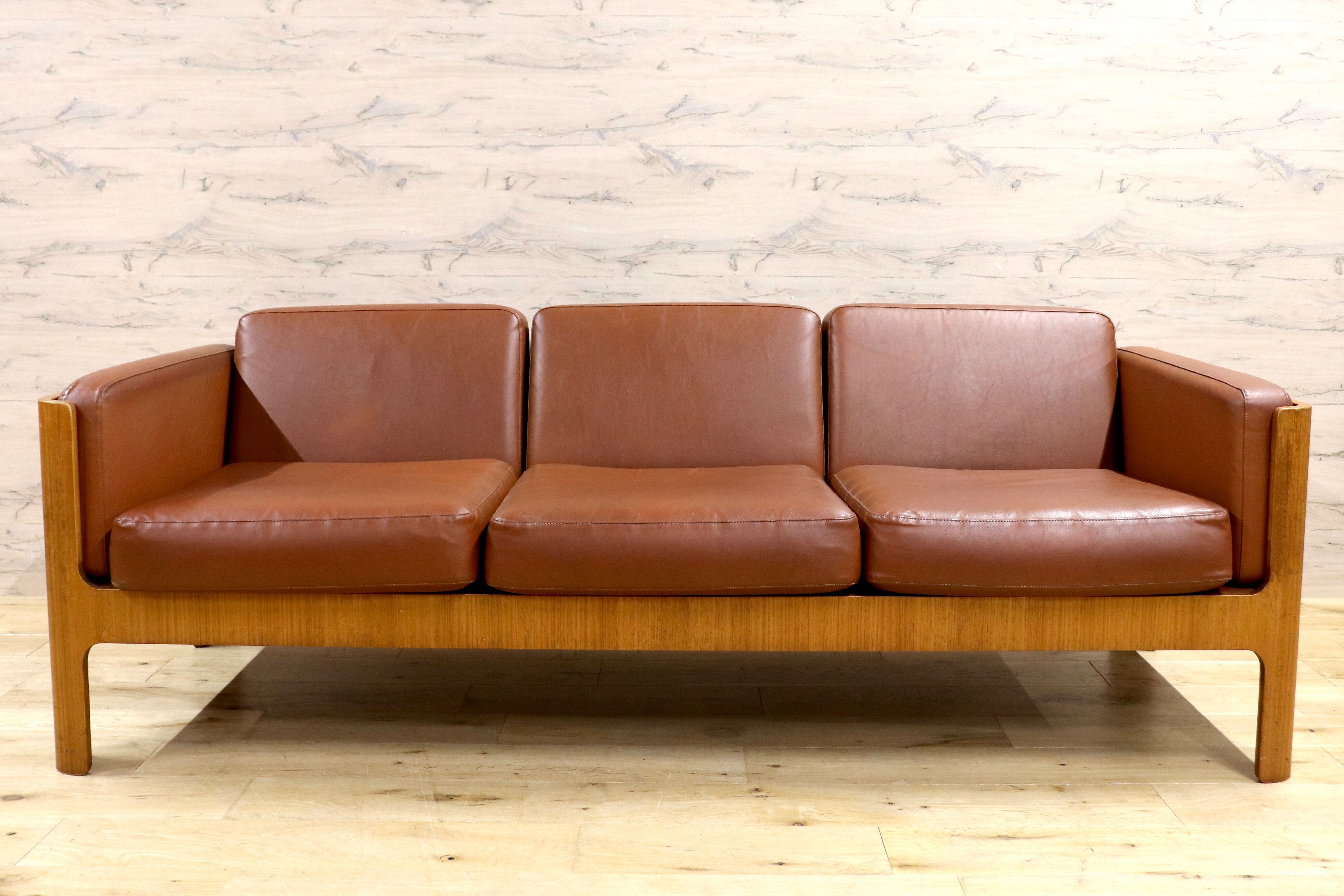 GMIK654D○天童木工 / Tendo HACO ハコ チーク材 ジャパニーズモダン ヴィンテージ 3人掛けソファ 3シーター 合皮 剣持勇 稀少