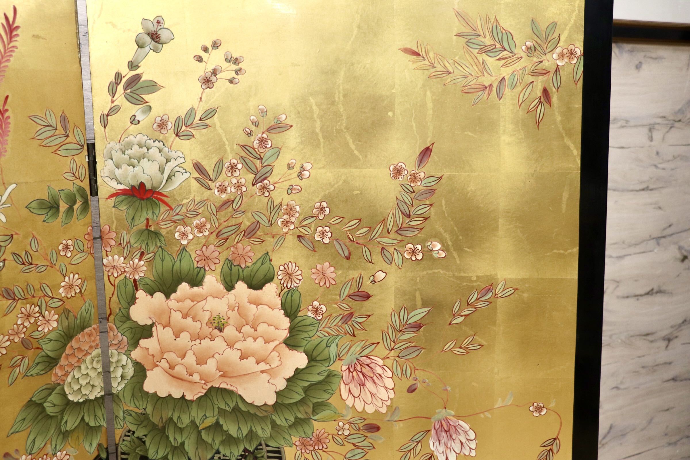 GMIK223○衝立 二曲屏風 金屏風 花車図屏風 四季草花屏風 パーテーション 間仕切り 和室 古民家 和モダン アンティーク