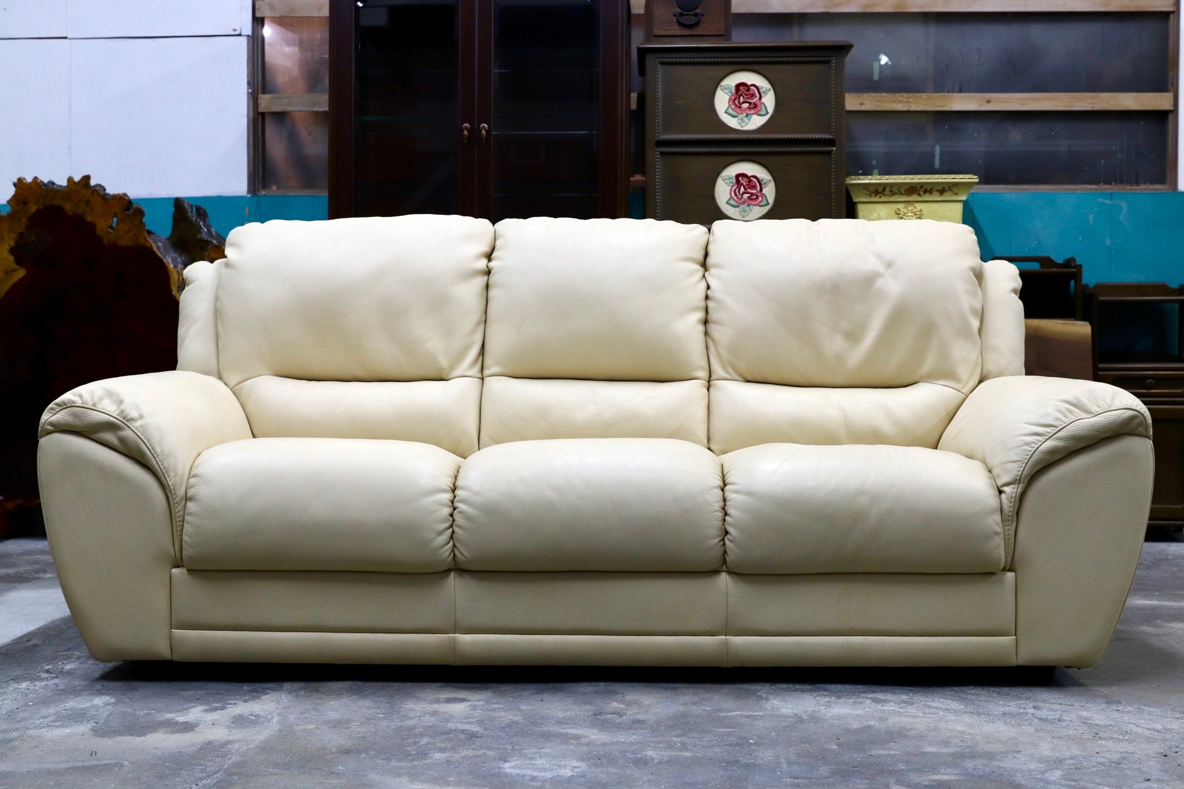 GMJK214○enzo dambrosio / エンツォダンブロシオ 3人掛けソファ 総本革 クリーム イタリア製 IDC大塚家具 モダン 定価約40万円