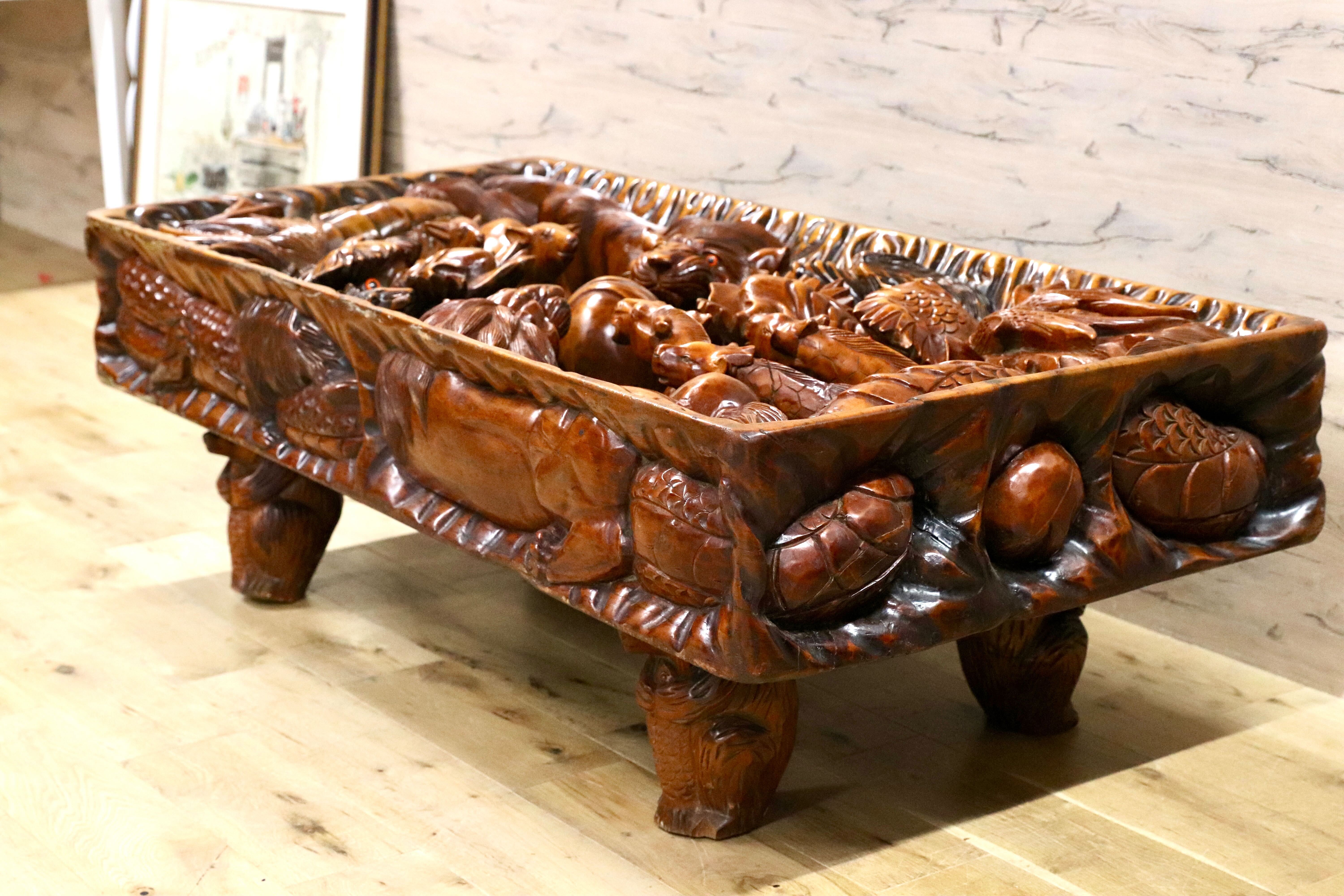 GMGH440○中国美術 木彫 彫刻 天然木 センターテーブル リビングテーブル アンティーク 美術品 約50万