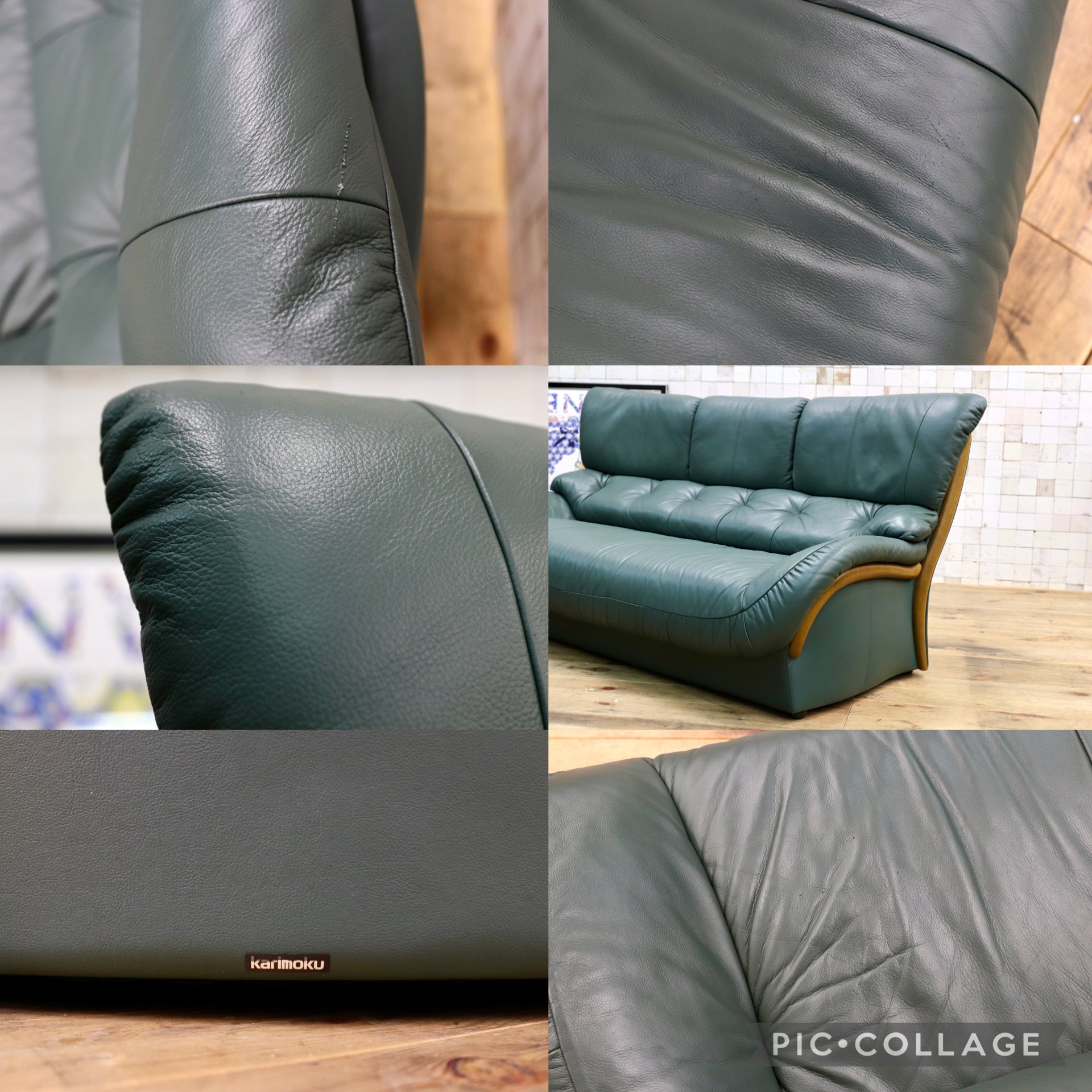 GMJK110○karimoku / カリモク ZW4703 3Pソファ 三人掛けソファ 本革 グリーン オーク材 国産家具 ハイバック 定価約36.7万円