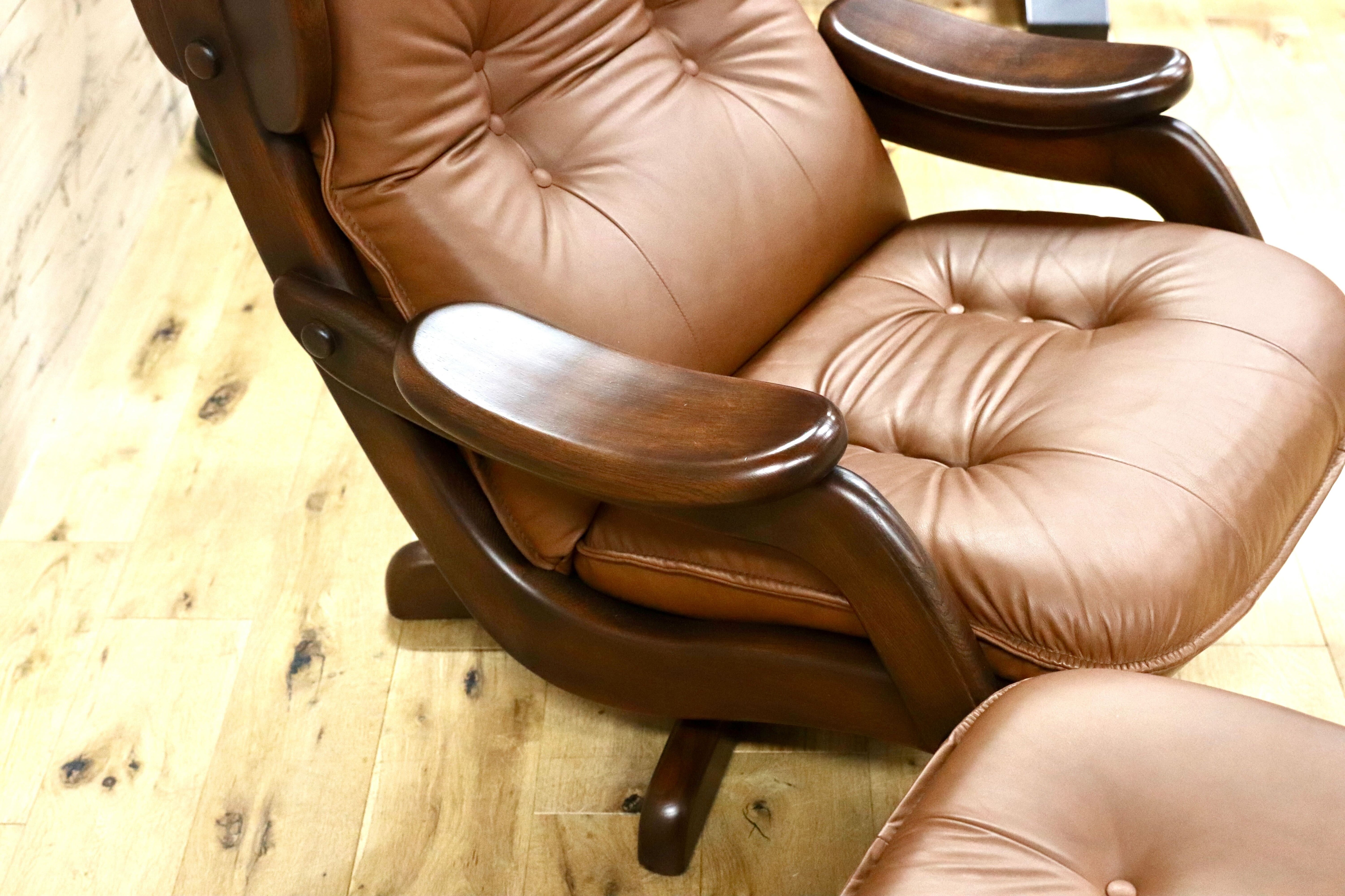 GMFN176○オランダ ダッチカントリースタイル パーソナルチェア シングルソファ 1人掛けソファ 回転チェア オットマン 本革 ブラウン 楢材