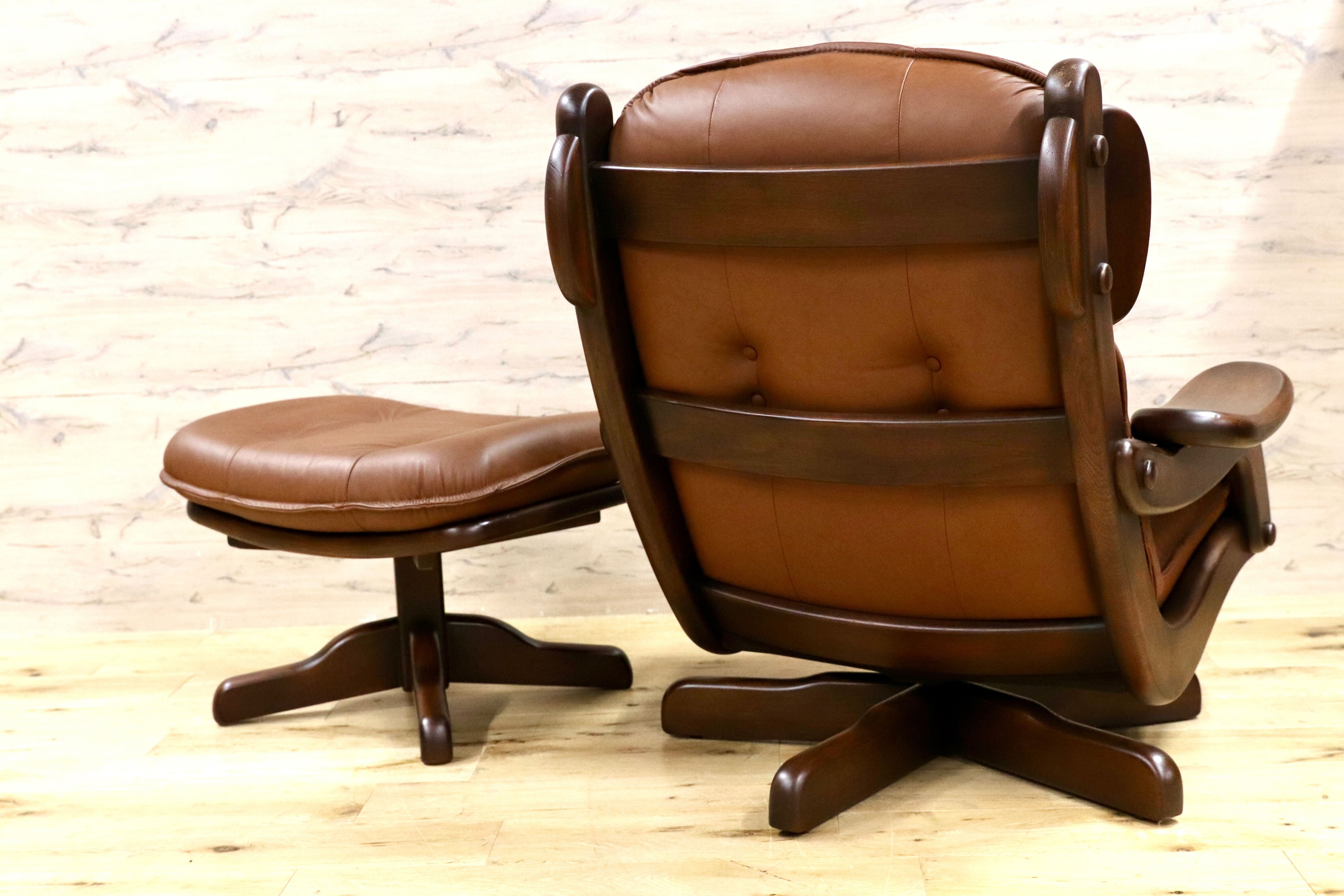 GMFN176○オランダ ダッチカントリースタイル パーソナルチェア シングルソファ 1人掛けソファ 回転チェア オットマン 本革 ブラウン 楢材