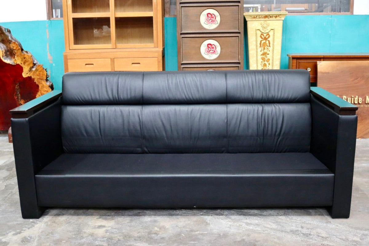 GMJH381○ITOKI / イトーキ 3人掛けソファ トリプルソファ 本革 ブラック木製アームチェア 応接家具