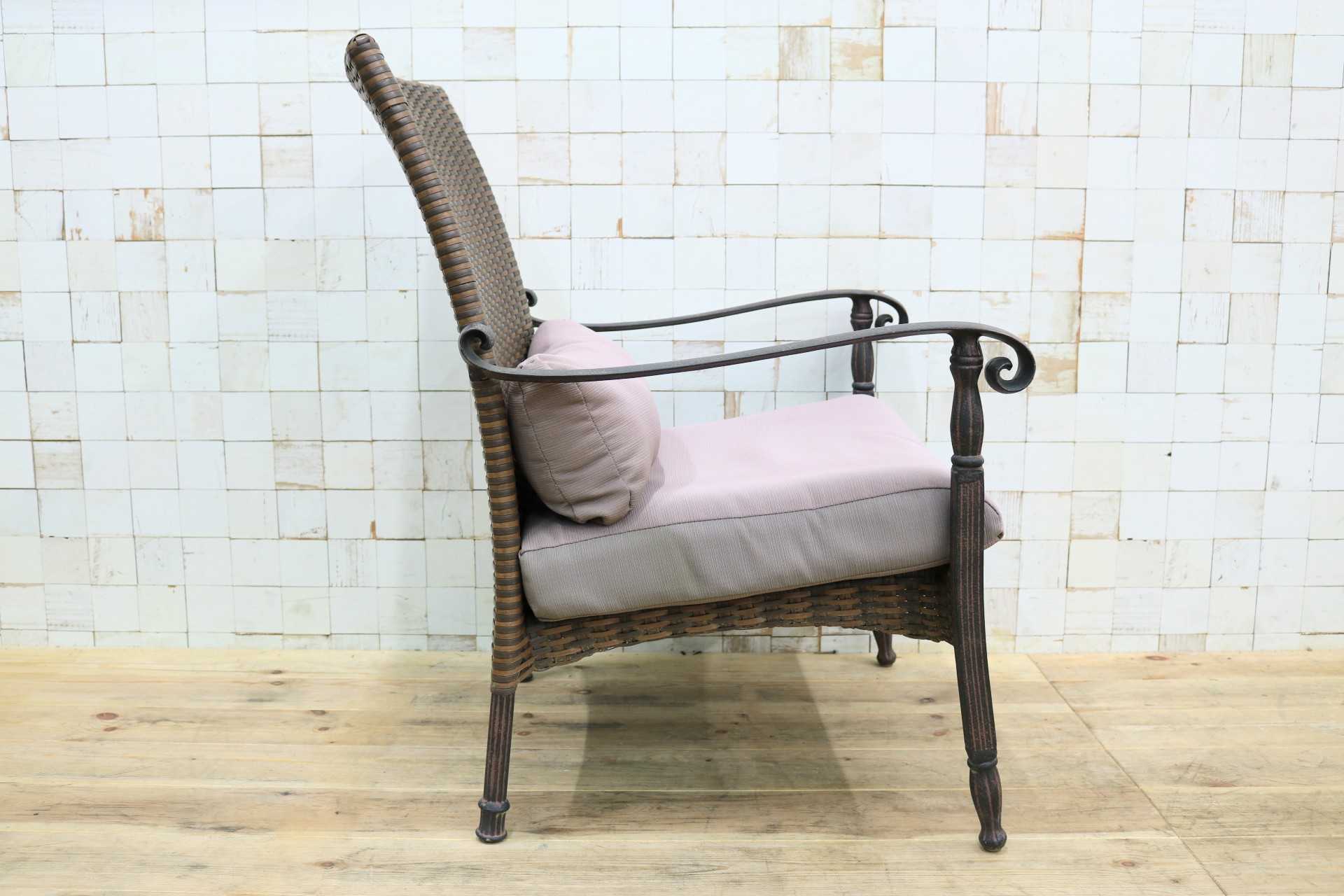 GMIK706A○ガーデンチェア アームチェア ラウンジチェア 椅子 一人掛け 編み込み 金属フレーム ブラウン ラタン調