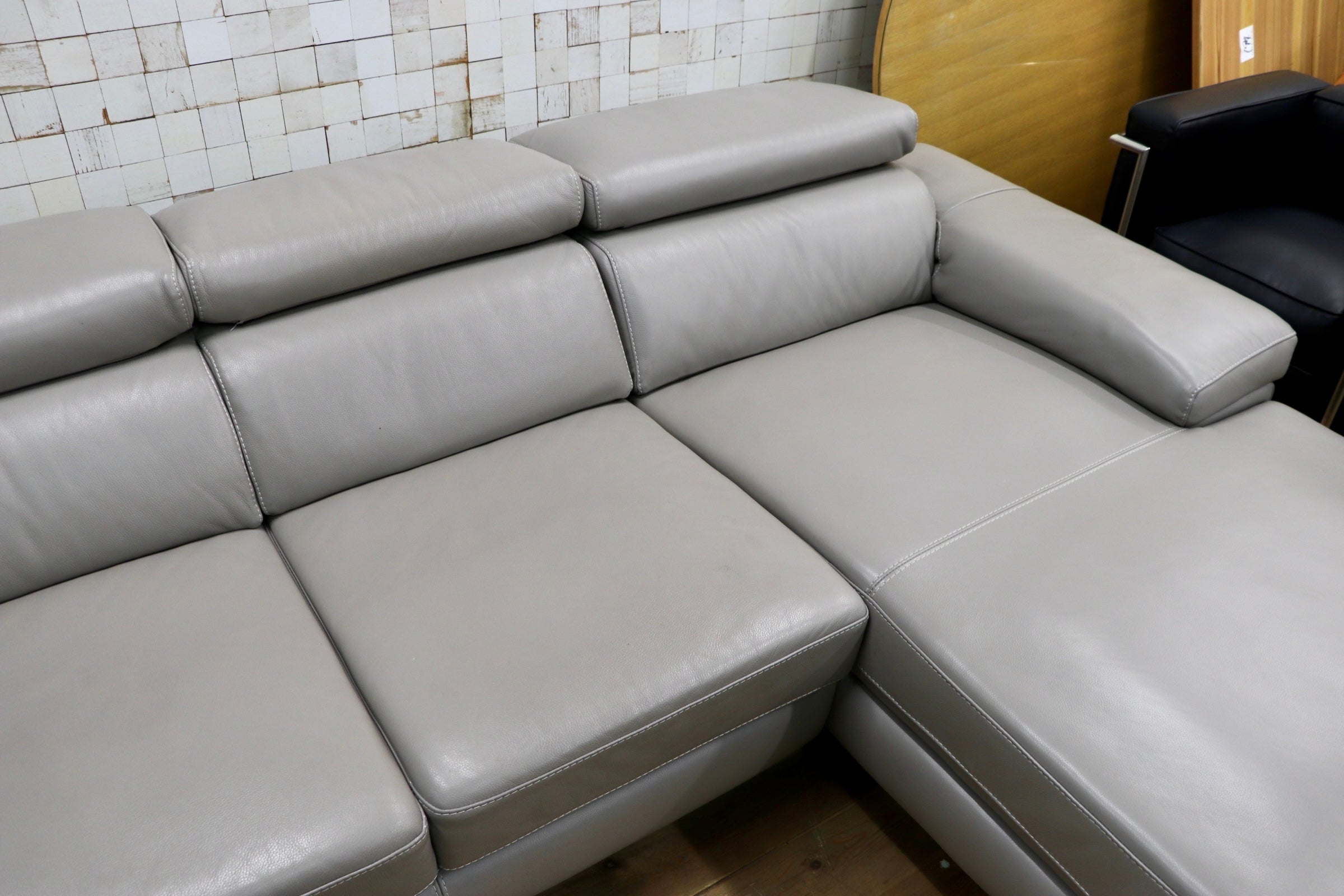 GMJK195○Leather World / レザーワールド カウチソファ 本革 グレー 3人掛け ヘッドレスト可動 L字ソファ モダン