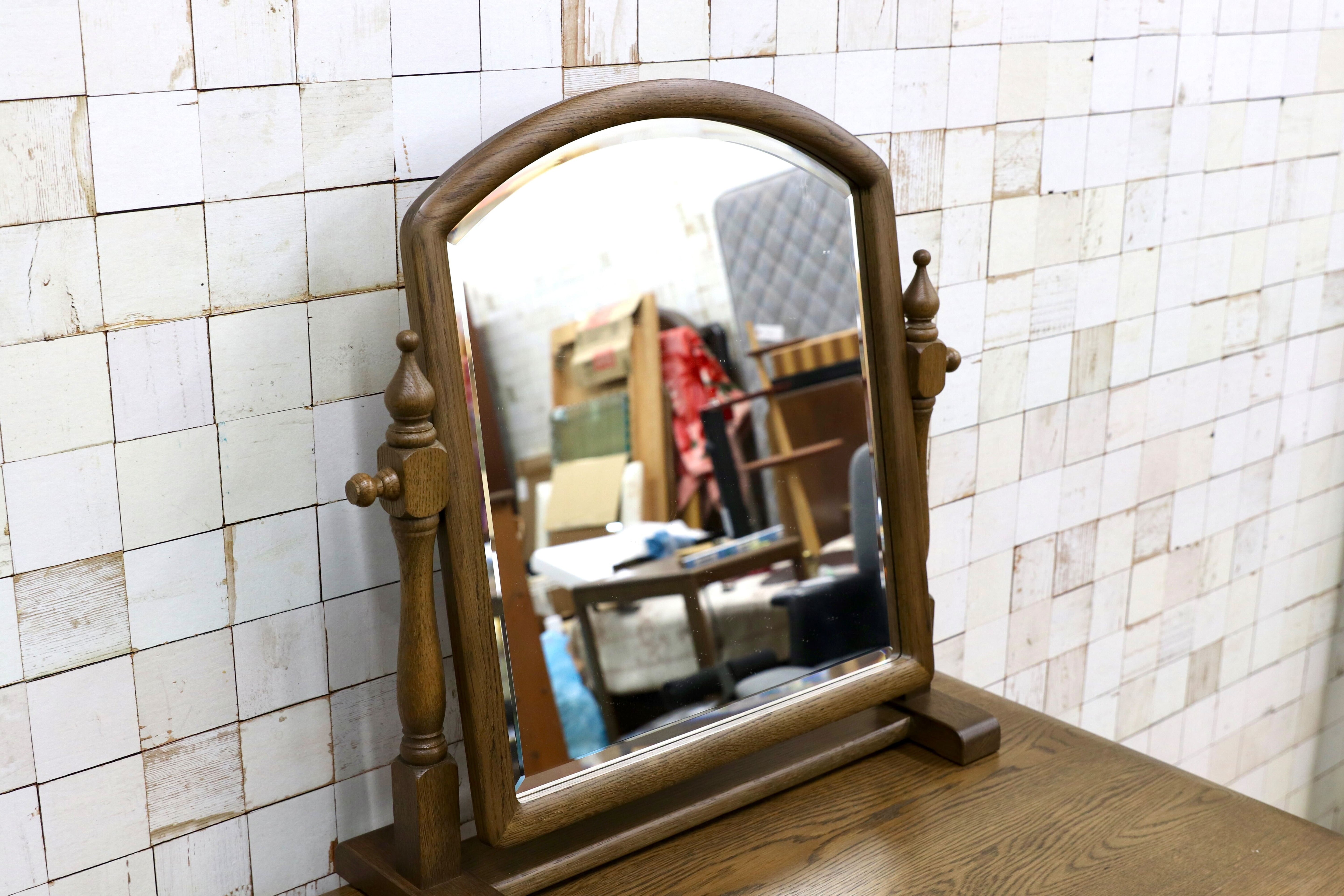 GMIS534○山室家具 ESPOIR エスポアール デスク ドレッサー 作業台 書斎机 置きミラー クラシック 楢材 無垢 旭川家具 レトロ