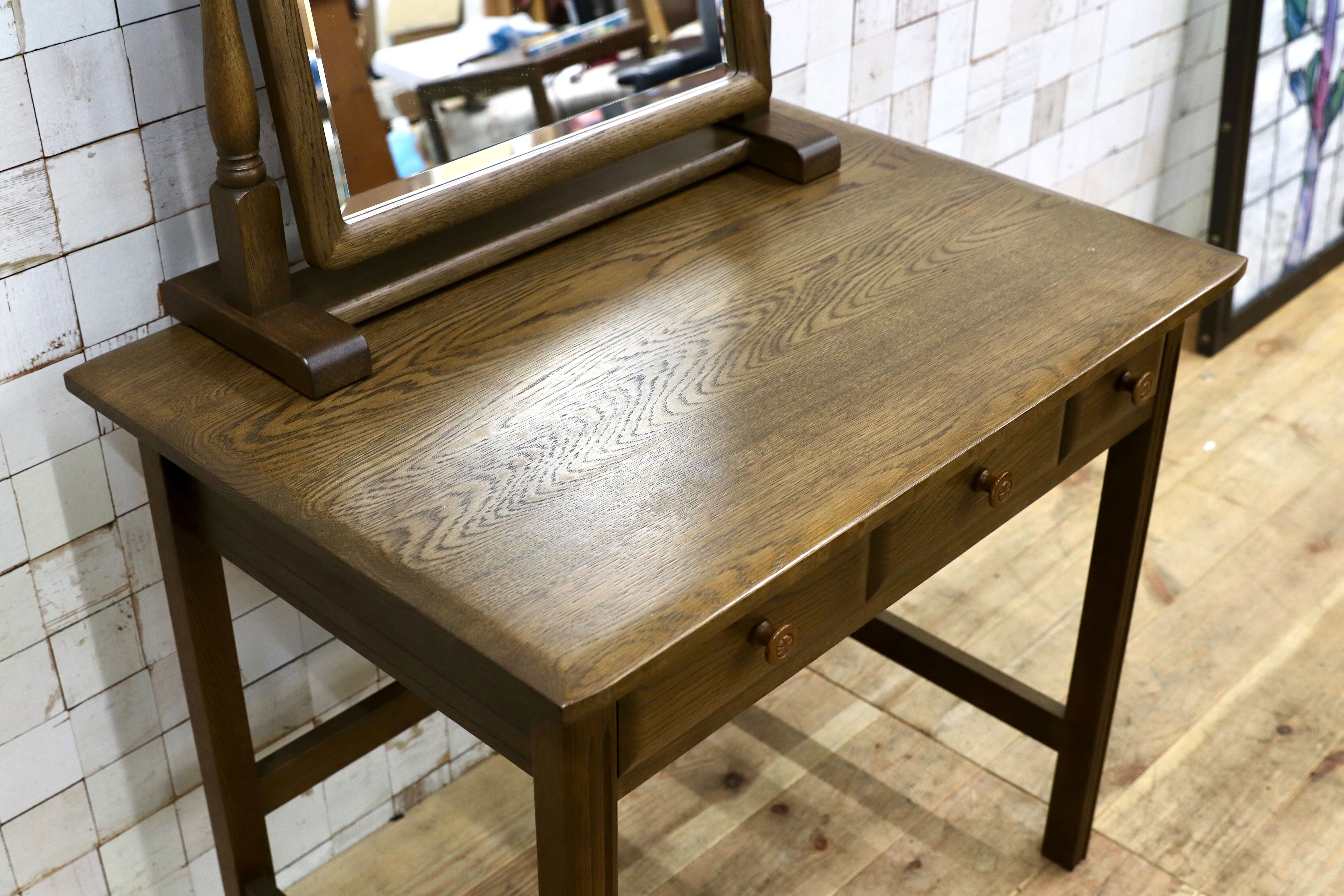 GMIS534○山室家具 ESPOIR エスポアール デスク ドレッサー 作業台 書斎机 置きミラー クラシック 楢材 無垢 旭川家具 レトロ