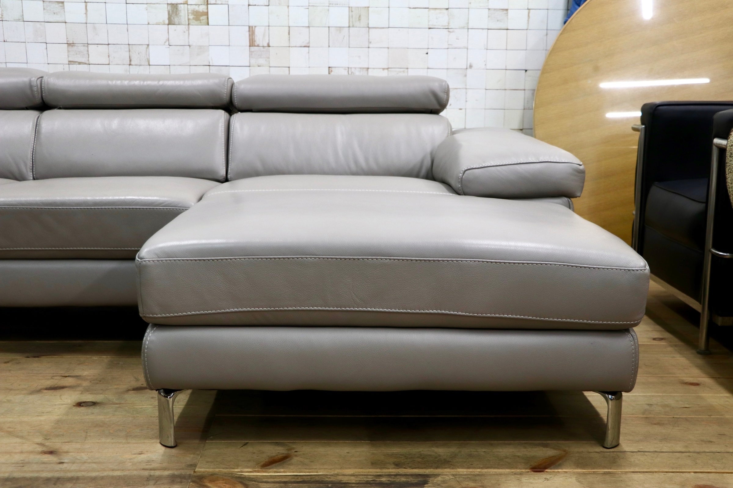 GMJK195○Leather World / レザーワールド カウチソファ 本革 グレー 3人掛け ヘッドレスト可動 L字ソファ モダン
