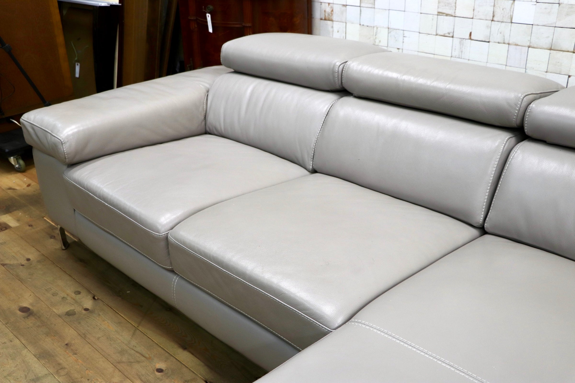 GMJK195○Leather World / レザーワールド カウチソファ 本革 グレー 3人掛け ヘッドレスト可動 L字ソファ モダン