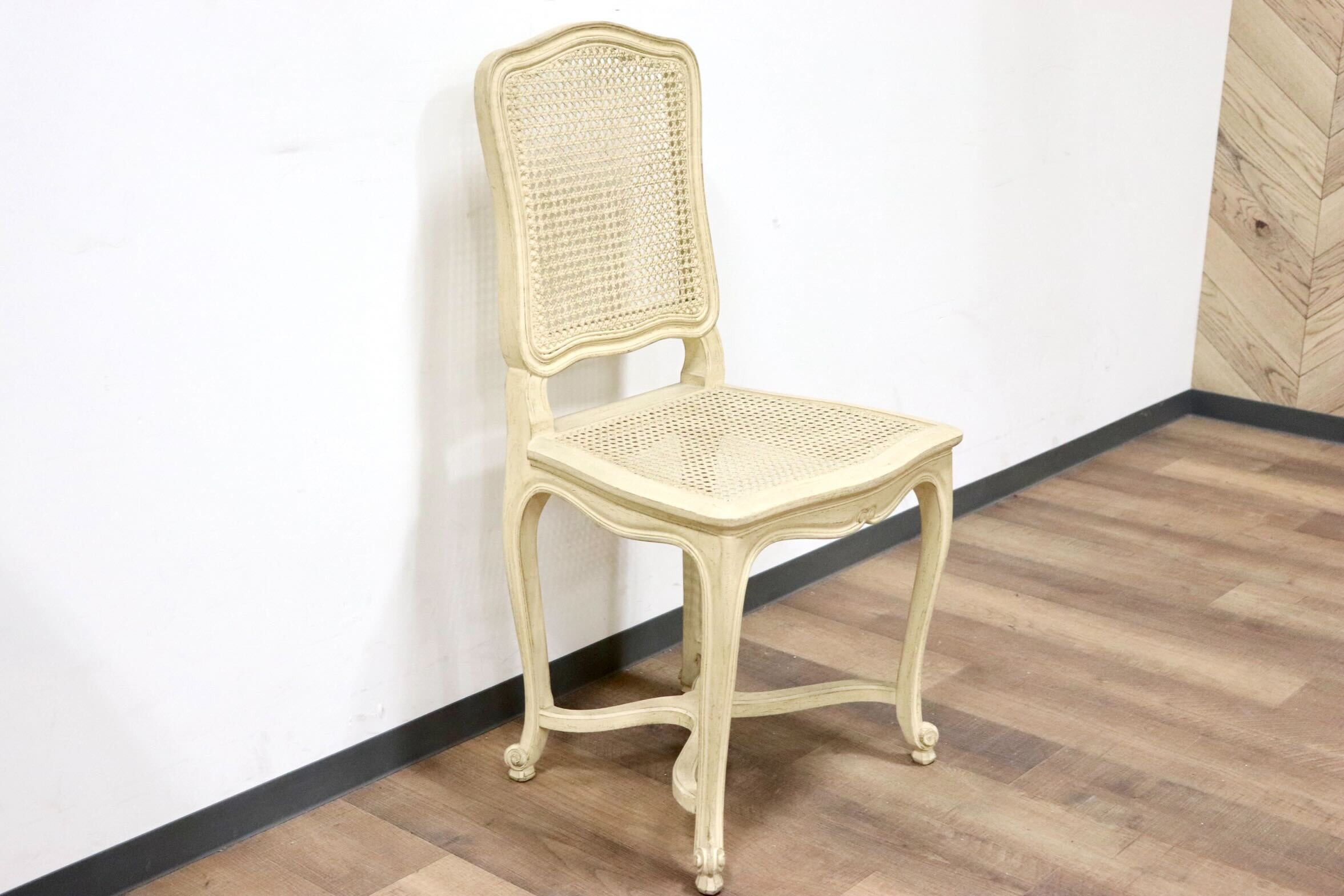 GMGS225G○フレンチカントリー シャビーシック ダイニングチェア ロココ調 ラタン 籐 ホワイトウォッシュ 猫脚 アンティーク フランス製