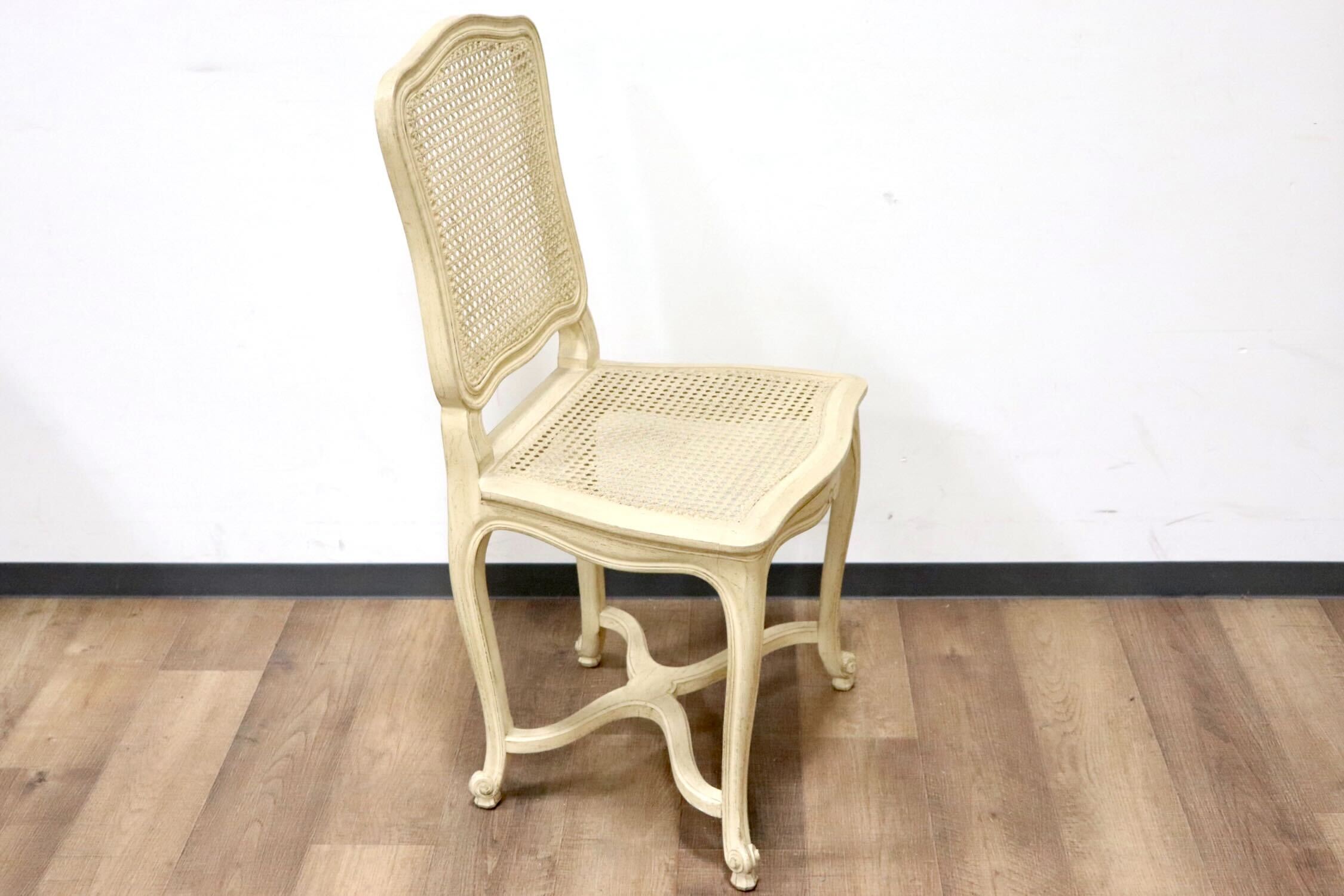 GMGS225G○フレンチカントリー シャビーシック ダイニングチェア ロココ調 ラタン 籐 ホワイトウォッシュ 猫脚 アンティーク フランス製