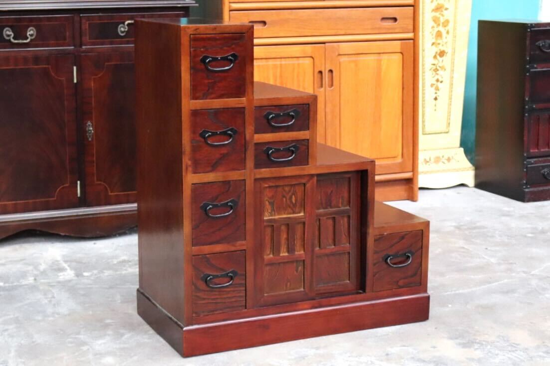 GMIK479○階段箪笥 両面 時代箪笥 和家具 和モダン 和室 座敷 古民家 チェスト 整理箪笥 引き出し収納 レトロ