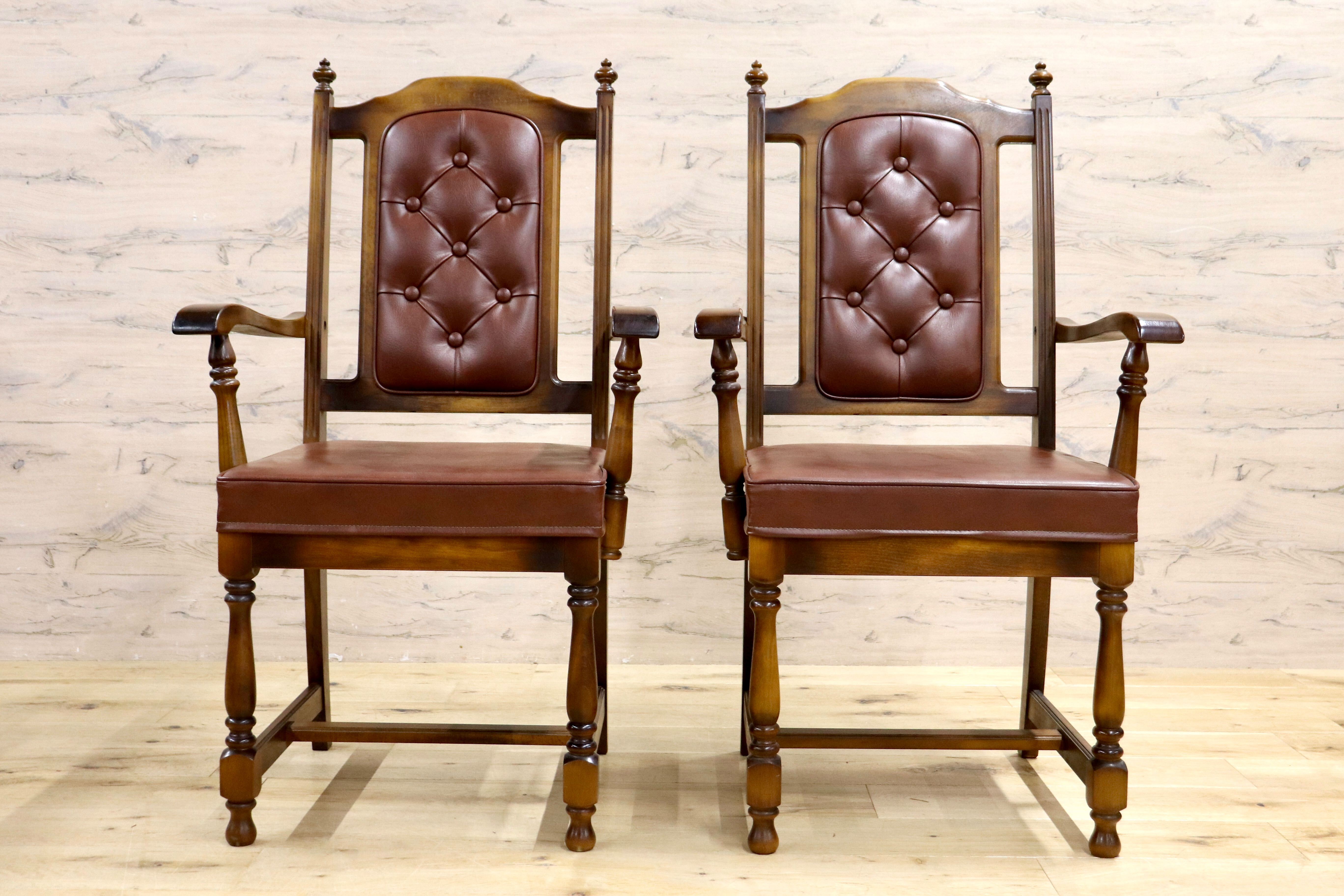 GMIH341A○karimoku / カリモク ダイニングチェア 2脚セット アームチェア 椅子 レザー ヴィンテージ アンティーク オールドカリモク