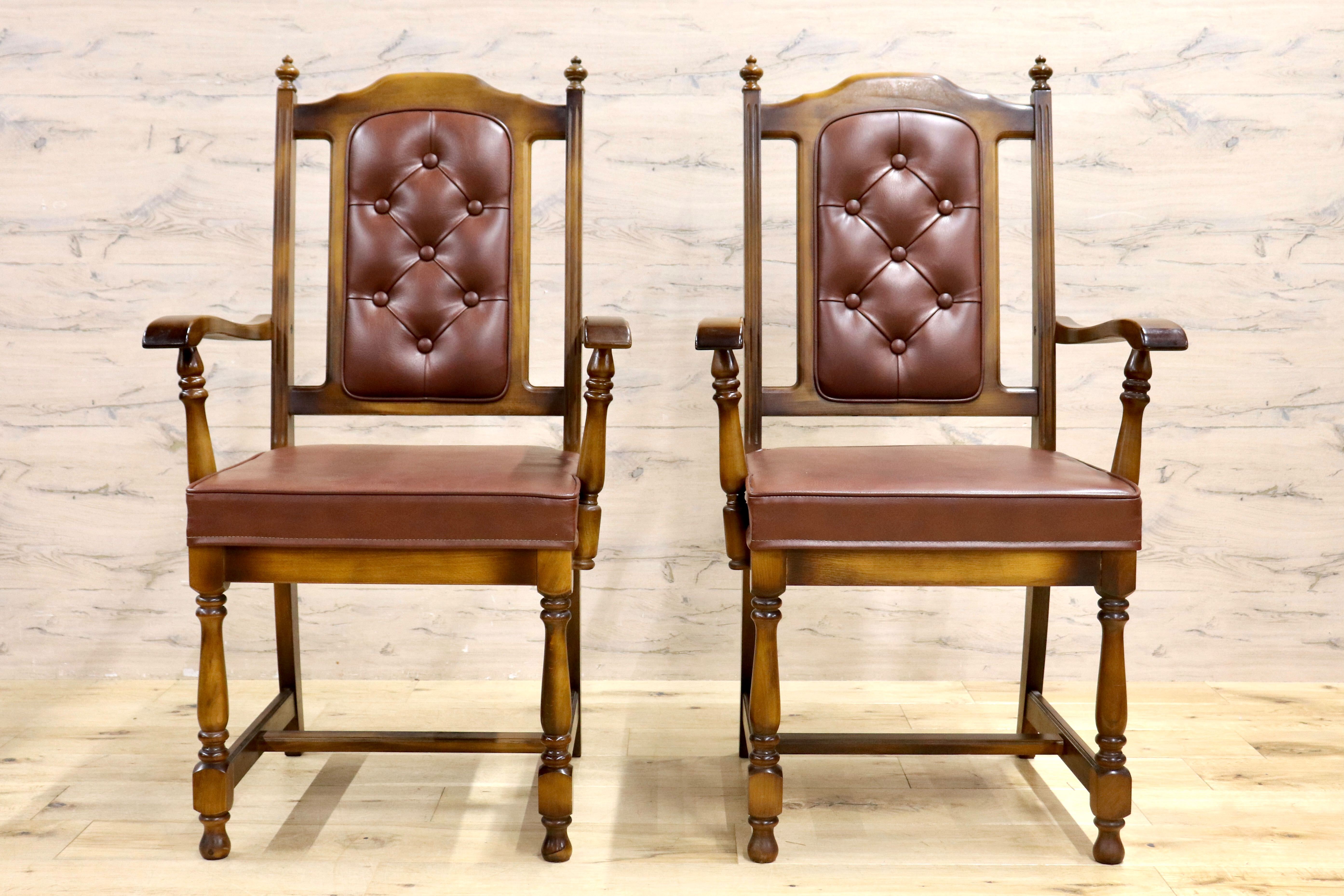 GMIH341C○karimoku / カリモク ダイニングチェア 2脚セット アームチェア 椅子 レザー ヴィンテージ アンティーク オールドカリモク