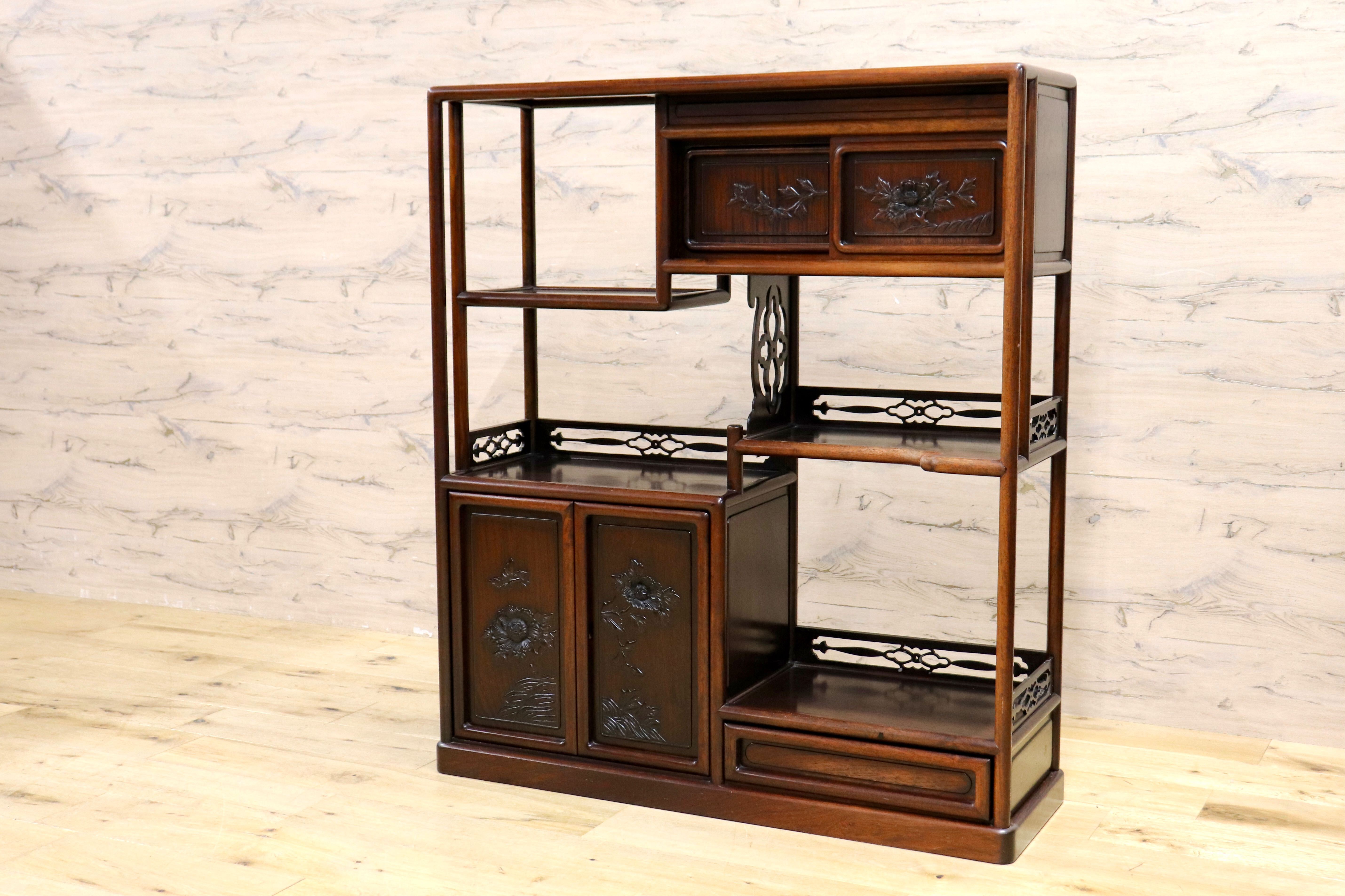 GMIH342○唐木家具 茶棚 茶箪笥 飾り棚 サイドボード 和家具 和室 座敷 古民家 古美術 透かし彫り 和製 アンティーク