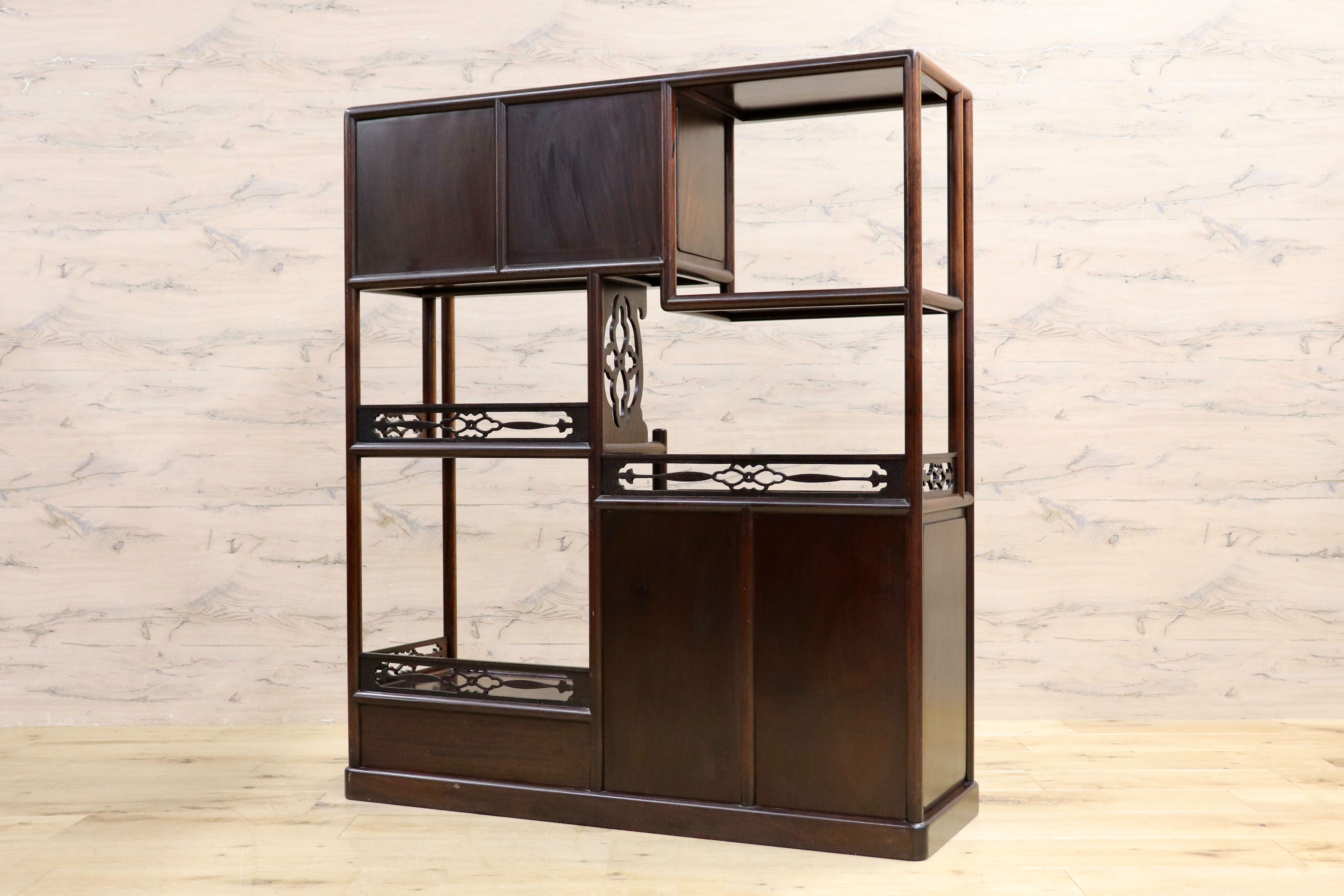 GMIH342○唐木家具 茶棚 茶箪笥 飾り棚 サイドボード 和家具 和室 座敷 古民家 古美術 透かし彫り 和製 アンティーク