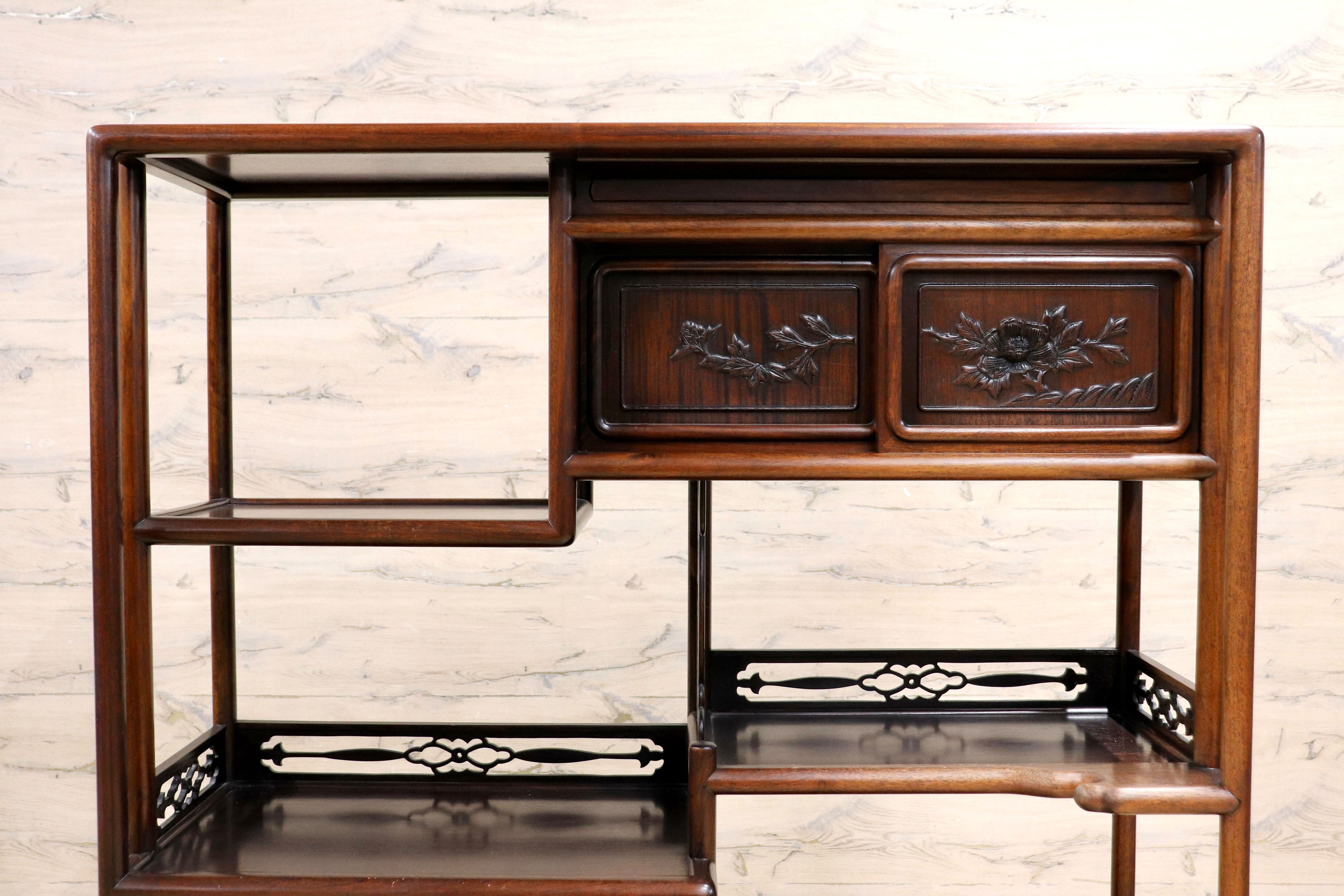 GMIH342○唐木家具 茶棚 茶箪笥 飾り棚 サイドボード 和家具 和室 座敷 古民家 古美術 透かし彫り 和製 アンティーク