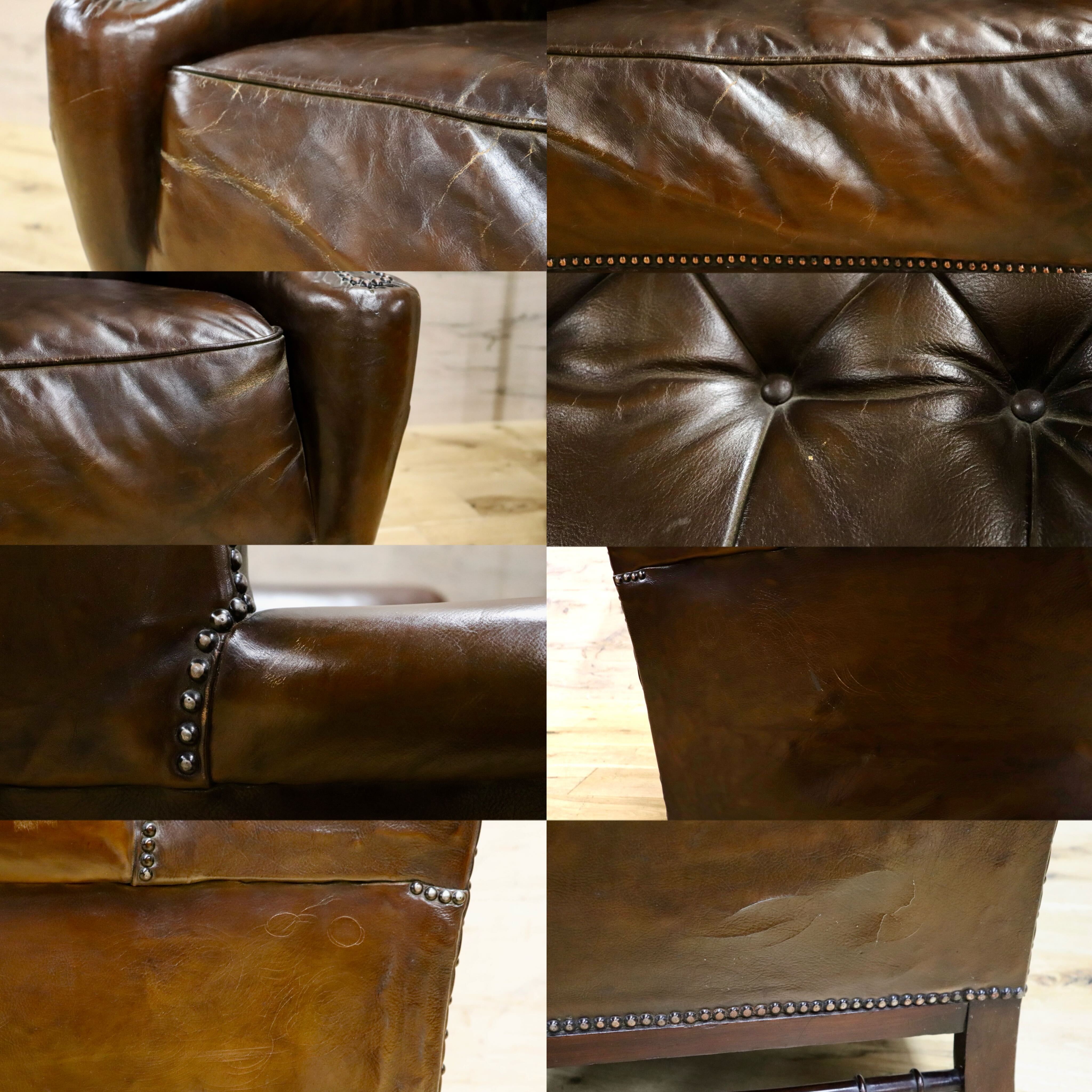 GMHH217○英国 アンティーク チェスターフィールド ウィングバッグ 1人掛けソファ シングルソファ 鋲打ち 本革 ブラウン ヴィンテージ