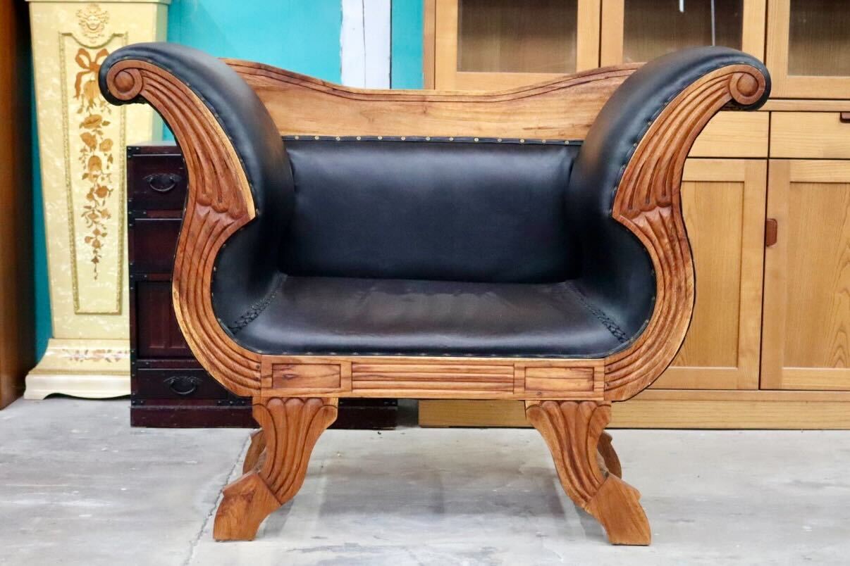 GMIK494B○CORIGGE MARKET / カリッジマーケット マドゥーラ 椅子 1人掛けソファ アームソファ 木製 無垢材 チーク材 手彫り 本革 アジアン