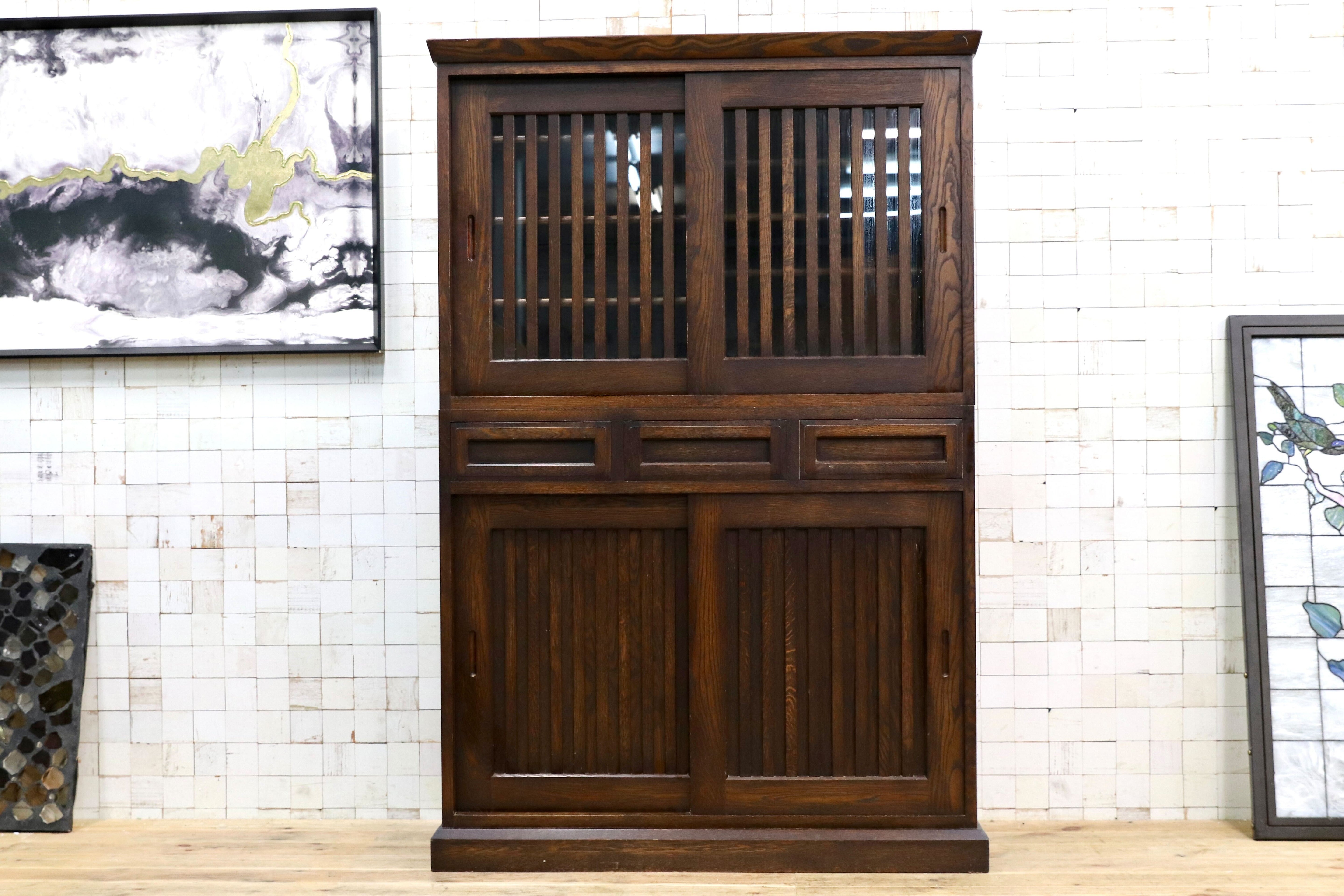 GMNA0○楢無垢材 オールド カントリー 食器棚 水屋棚 キッチンボード カップボード あすか 全国家具工業 和製ヴィンテージ 検）飛騨家具