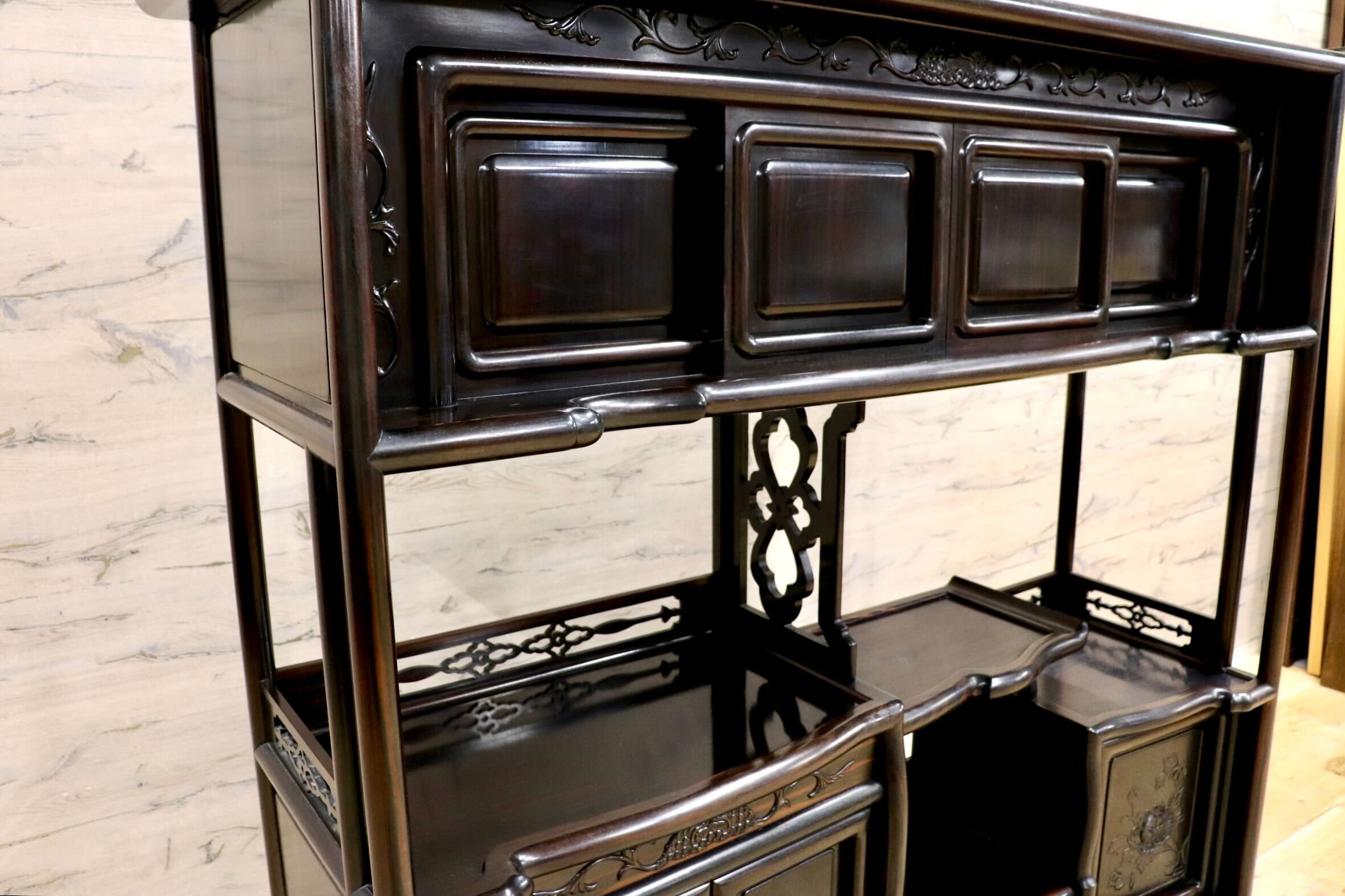 GMIH344○黒檀 茶棚 飾り棚 違い棚 サイドボード キャビネット 唐木家具 透かし彫り 和家具 レトロ 和室 和モダン 唐木家具 アンティーク